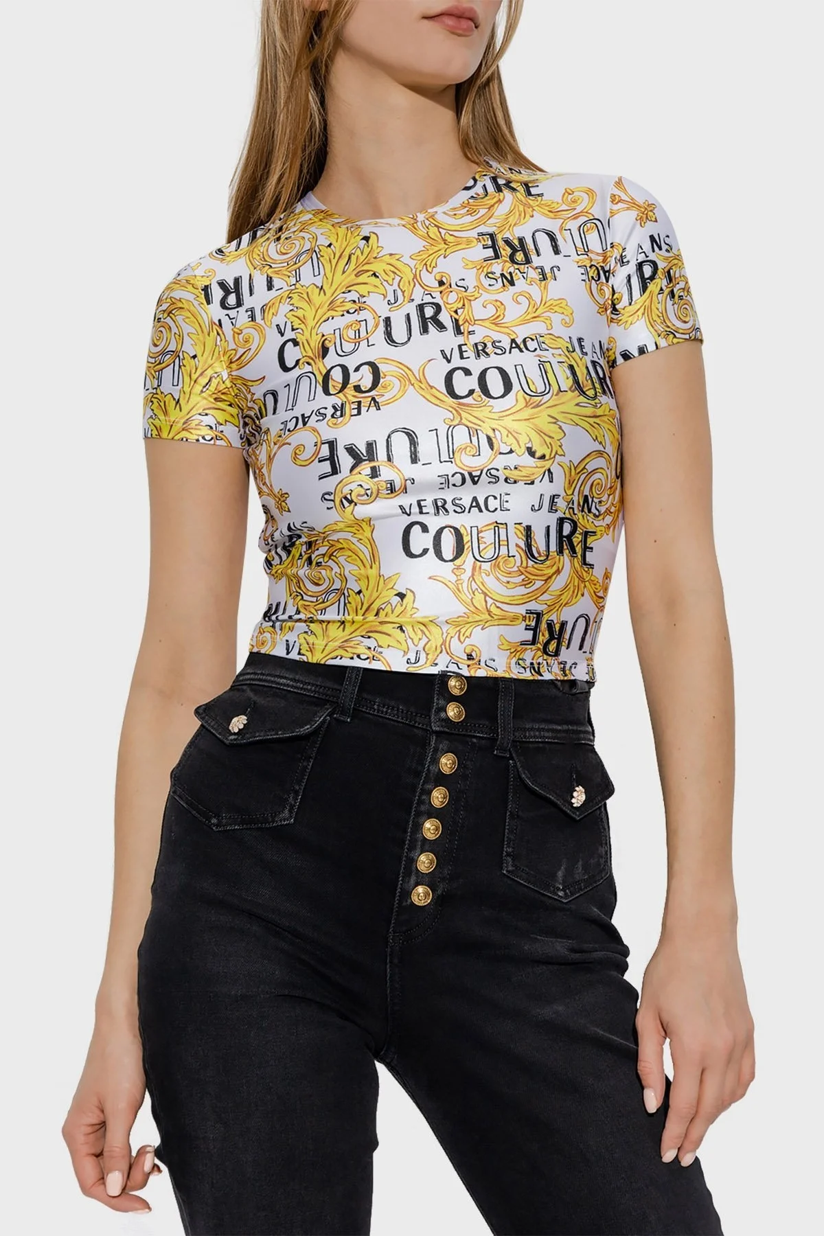 Versace Desenli Bisiklet Yaka Cropped Fit Bayan T Shirt 74HAH602 JS178 G03 BEYAZ - 1