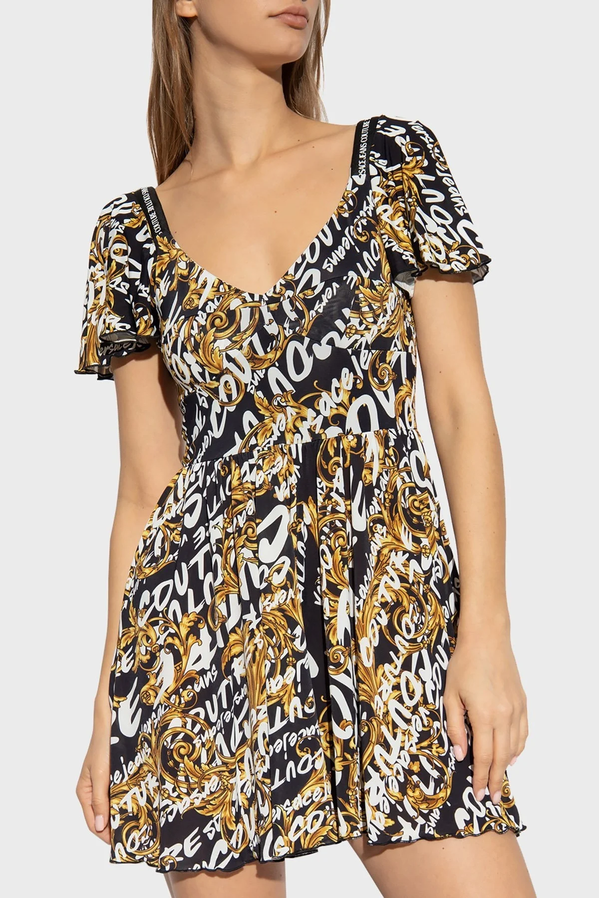 Versace Desenli Regular Fit V Yaka Streç Mini Bayan Elbise 73HAN003 JS138 G89 SİYAH - 2