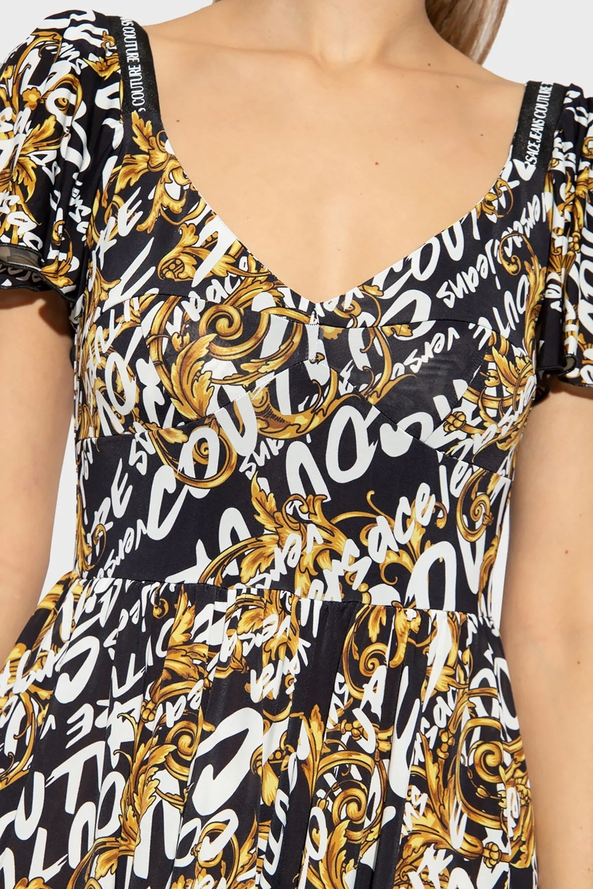 Versace Desenli Regular Fit V Yaka Streç Mini Bayan Elbise 73HAN003 JS138 G89 SİYAH - 3