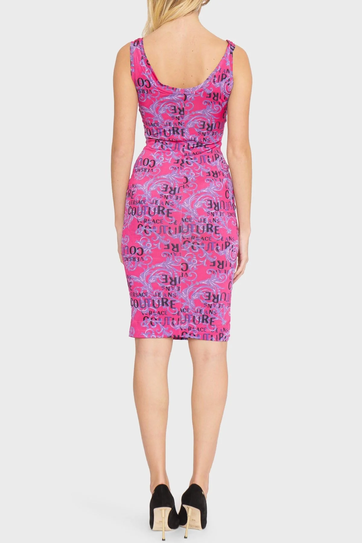 Versace Jeans Couture Desenli Slim Fit Bodycon Streç Midi Bayan Elbise 74HAO946 JS162 406 FUŞYA - 5