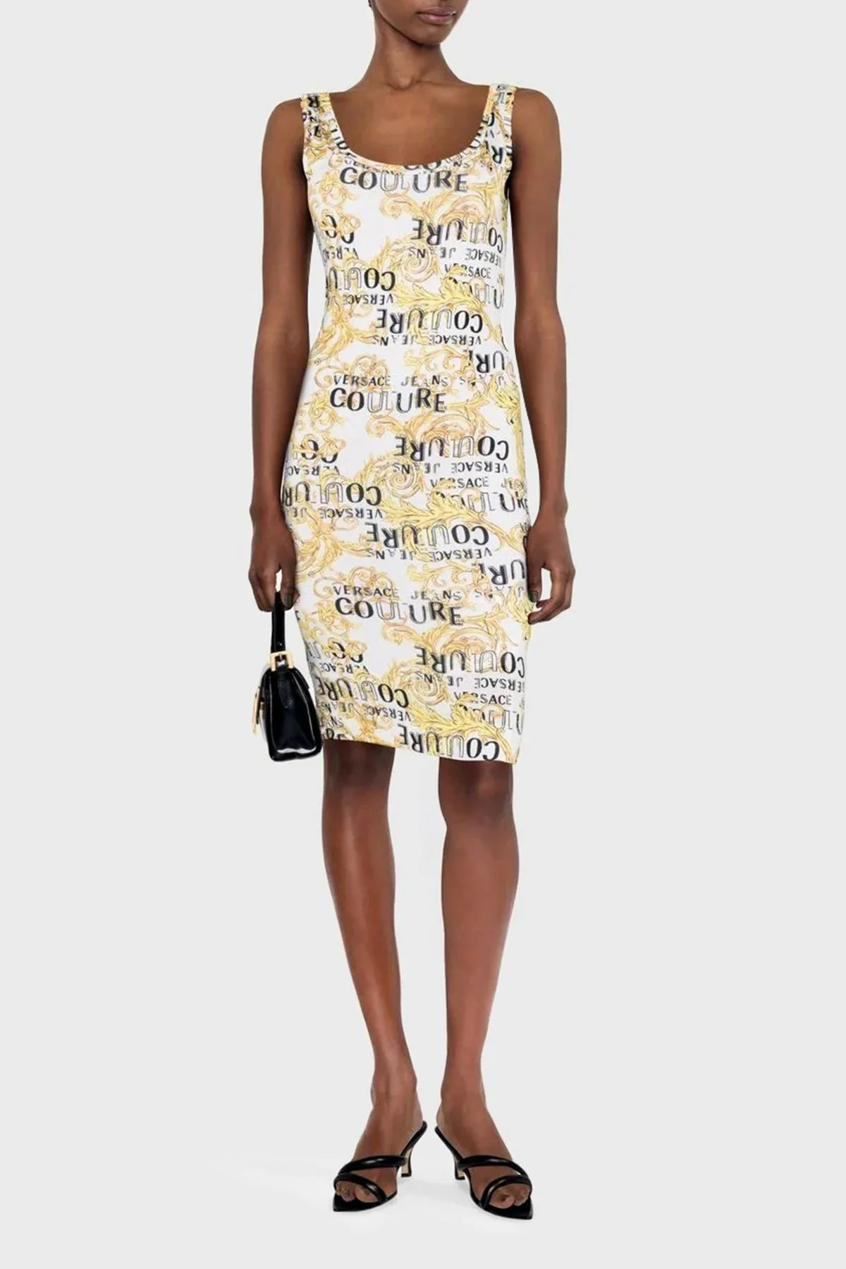 Versace Jeans Couture Desenli Slim Fit Bodycon Streç Midi Bayan Elbise 74HAO946 JS162 G03 BEYAZ - 1