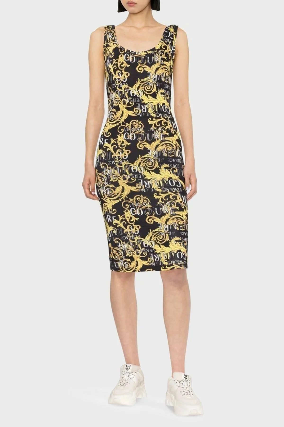 Versace Desenli Slim Fit Bodycon Streç Midi Bayan Elbise 74HAO946 JS162 G89 SİYAH - 1