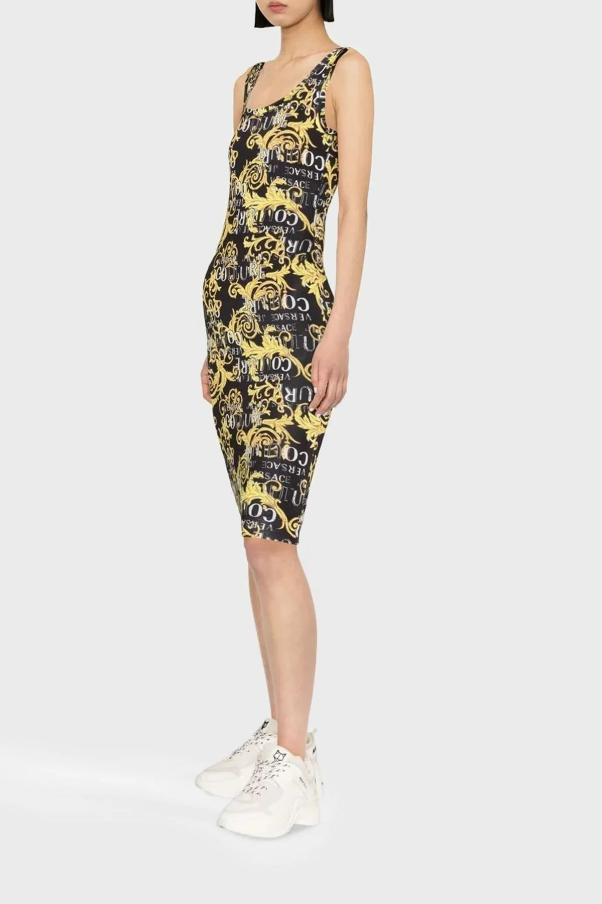 Versace Desenli Slim Fit Bodycon Streç Midi Bayan Elbise 74HAO946 JS162 G89 SİYAH - 2