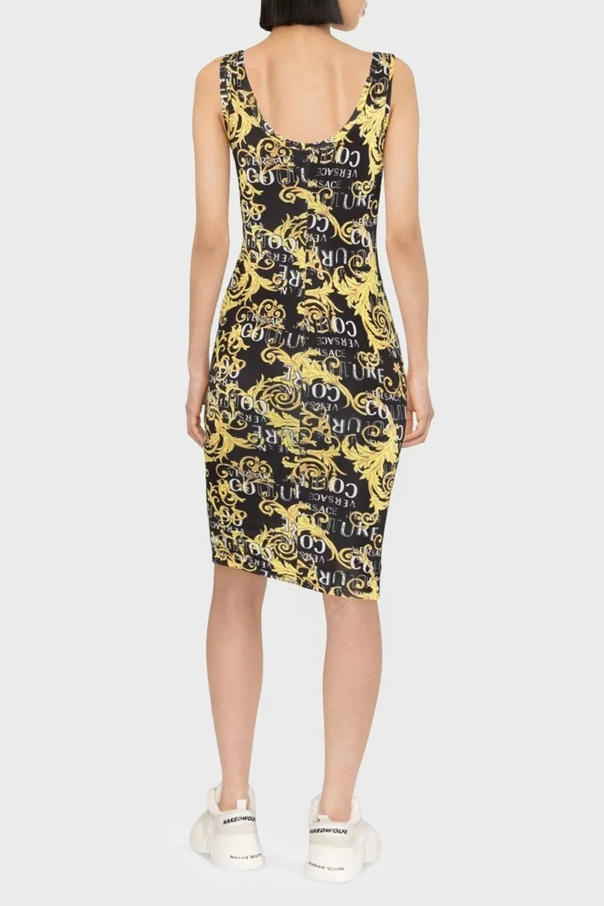 Versace Desenli Slim Fit Bodycon Streç Midi Bayan Elbise 74HAO946 JS162 G89 SİYAH - 3