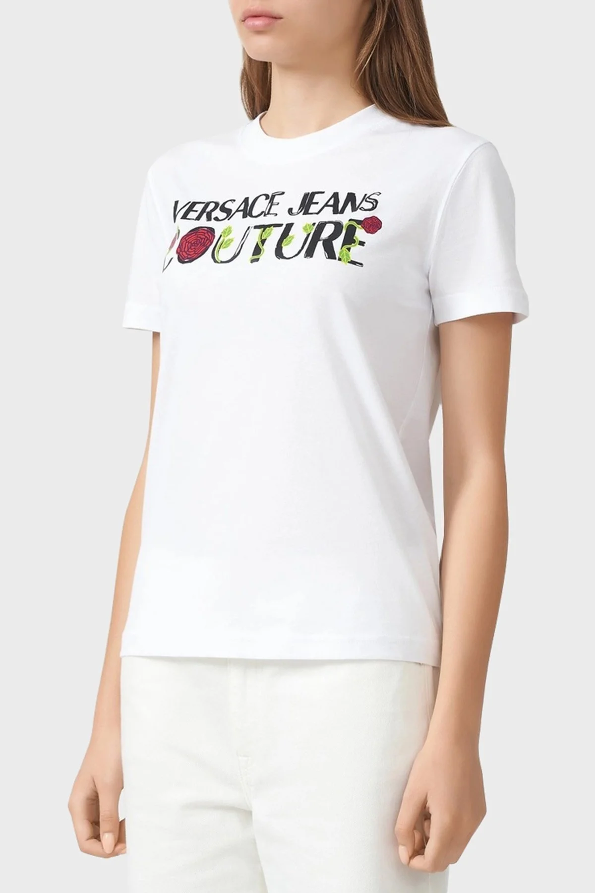 Versace Jeans Couture % 100 Pamuk Bisiklet Yaka Regular Fit Bayan T Shirt 74HAHT15 CJ00O 003 BEYAZ - 1