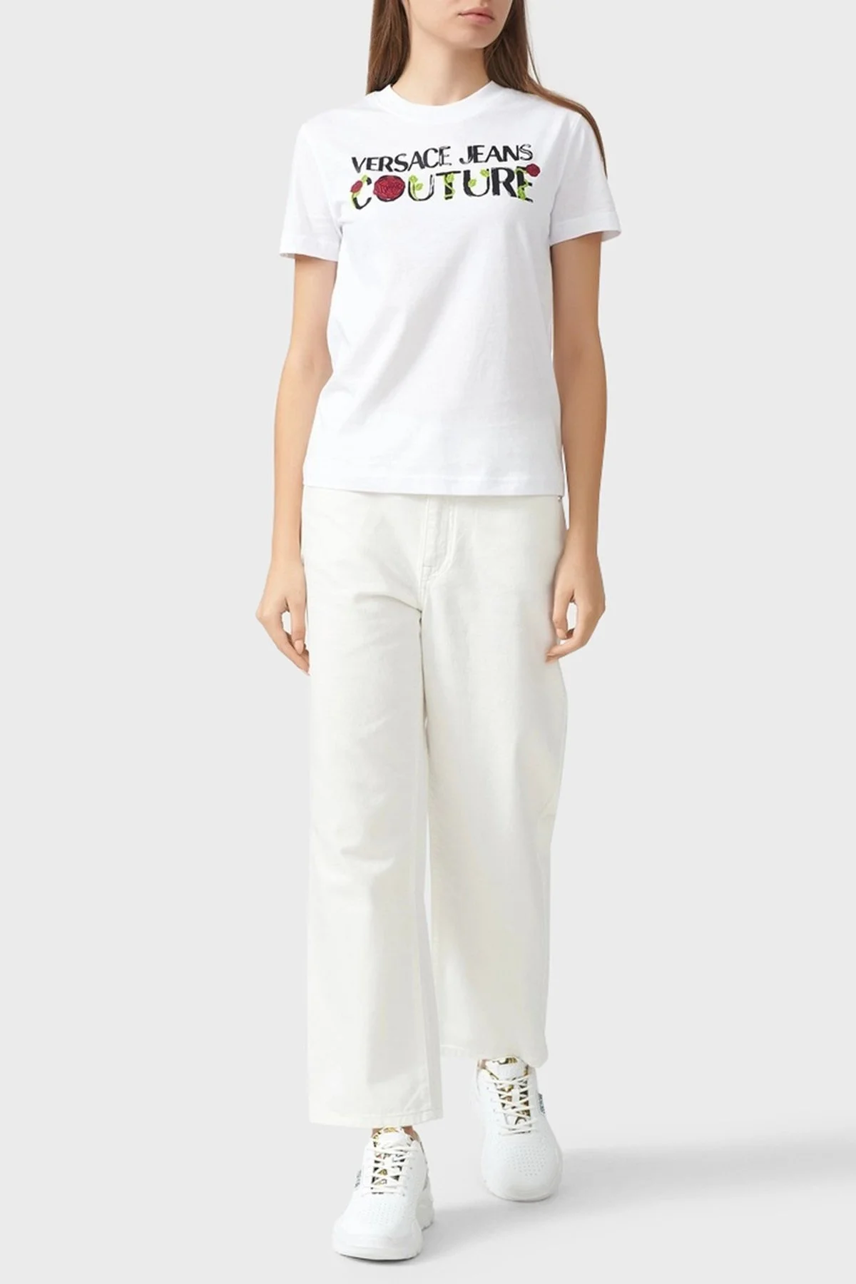 Versace Jeans Couture % 100 Pamuk Bisiklet Yaka Regular Fit Bayan T Shirt 74HAHT15 CJ00O 003 BEYAZ - 3
