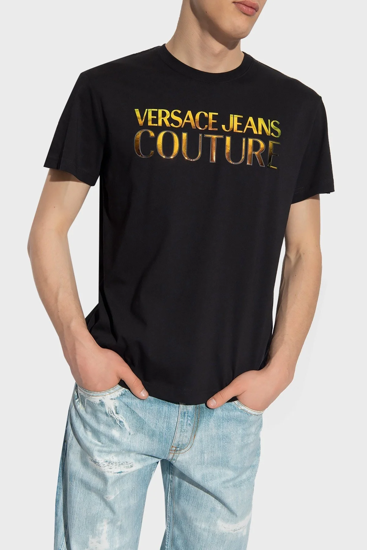 Versace Jeans Couture % 100 Pamuk Holografik Logolu Bisiklet Yaka Regular Fit Erkek T Shirt 74GAHG06 CJ00G G89 SİYAH - 1