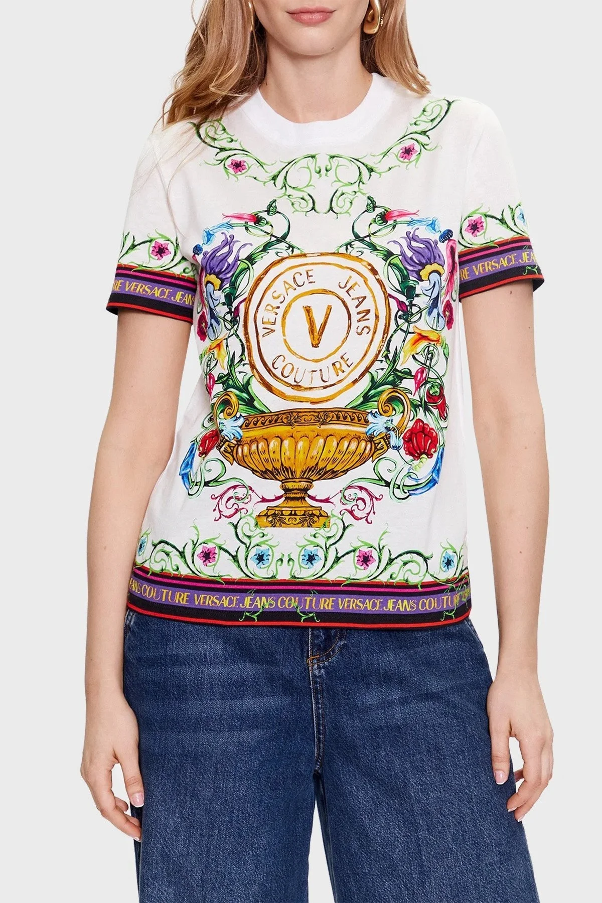 Versace Jeans Couture % 100 Pamuk Bisiklet Yaka Regular Fit Bayan T Shirt 74HAH6A3 JS171 G03 BEYAZ - 1