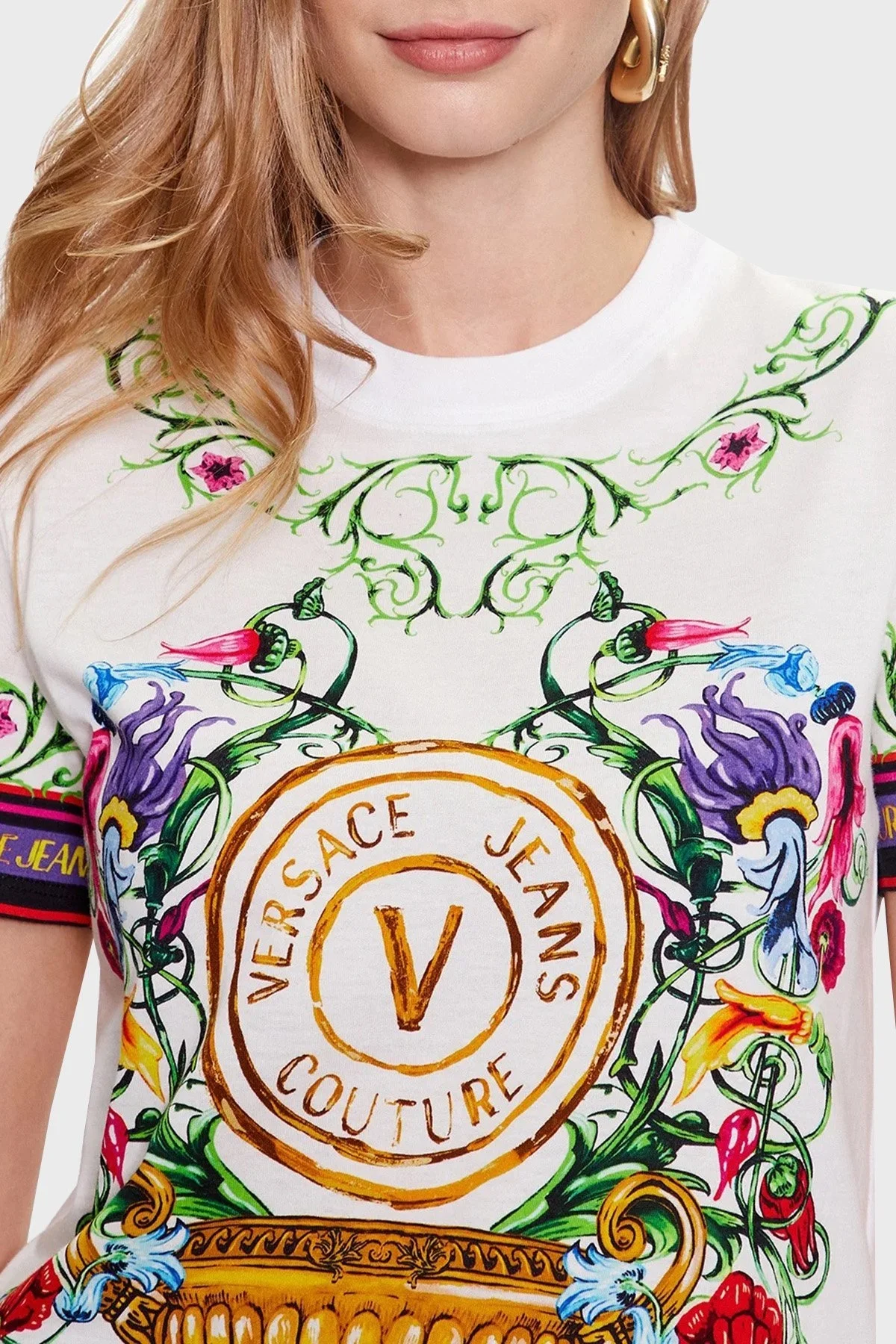 Versace Jeans Couture % 100 Pamuk Bisiklet Yaka Regular Fit Bayan T Shirt 74HAH6A3 JS171 G03 BEYAZ - 5