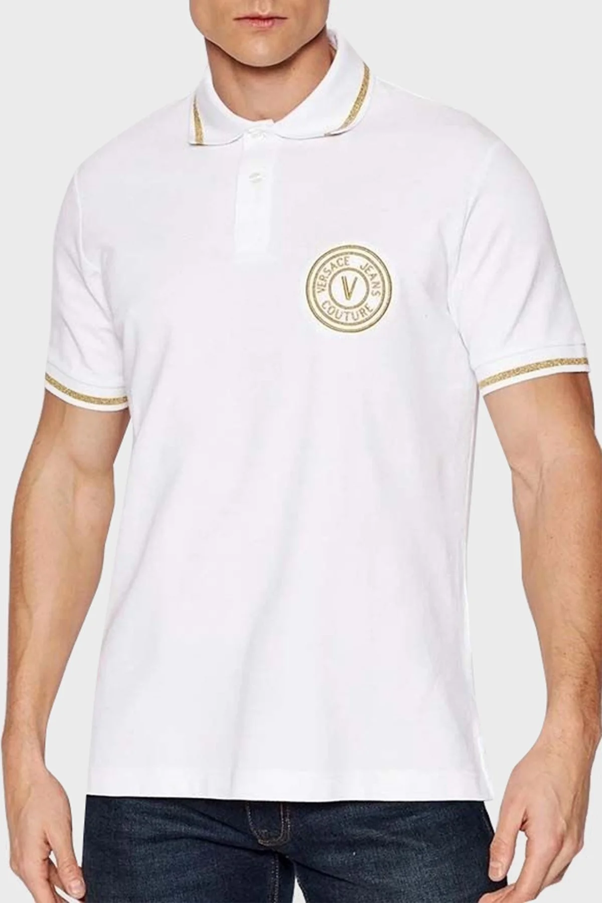 Versace Jeans Couture % 100 Pamuk Logolu Polo Yaka Regular Fit T Shirt Erkek Polo Yaka T Shirt 74GAGT06 CJ01T G03 BEYAZ - 1