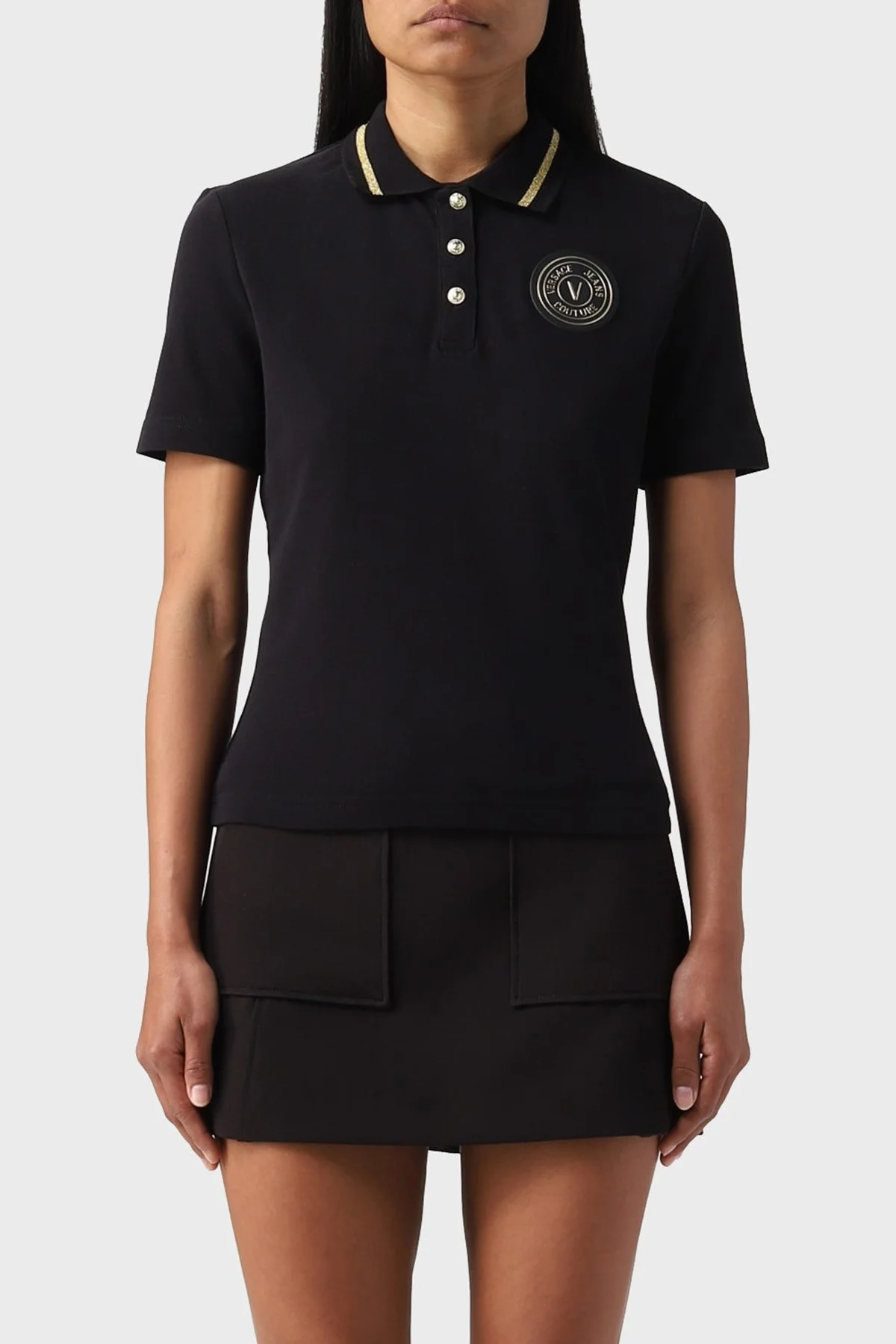 Versace Jeans Couture % 100 Pamuk Logolu Regular Fit Bayan Polo Yaka T Shirt 74HAGT08 CJ01T G89 SİYAH - 1