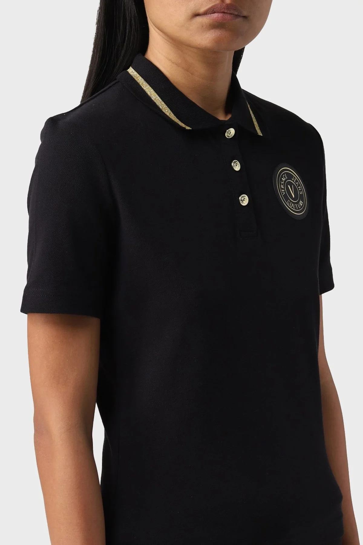Versace Jeans Couture % 100 Pamuk Logolu Regular Fit Bayan Polo Yaka T Shirt 74HAGT08 CJ01T G89 SİYAH - 3