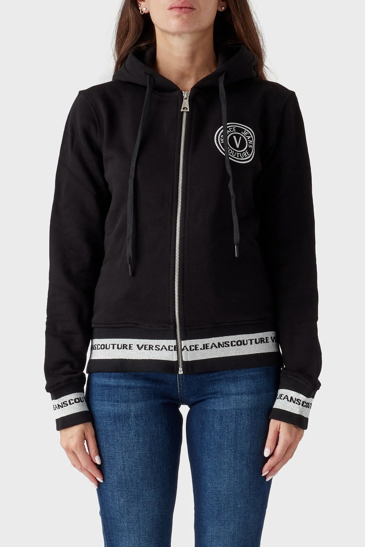 Versace Jeans Couture % 100 Pamuk Regular Fit Fermuarlı Kapüşonlu Bayan Sweat 73HAIT07 CF00T S89 SİYAH - 1