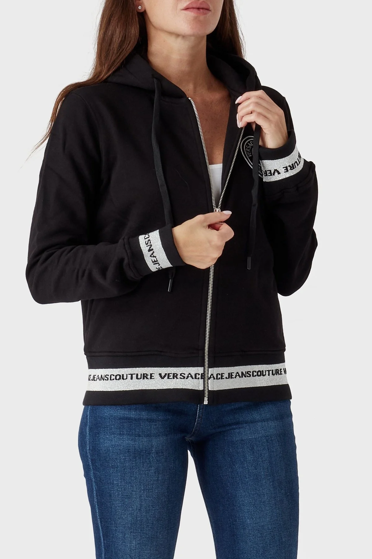 Versace Jeans Couture % 100 Pamuk Regular Fit Fermuarlı Kapüşonlu Bayan Sweat 73HAIT07 CF00T S89 SİYAH - 3
