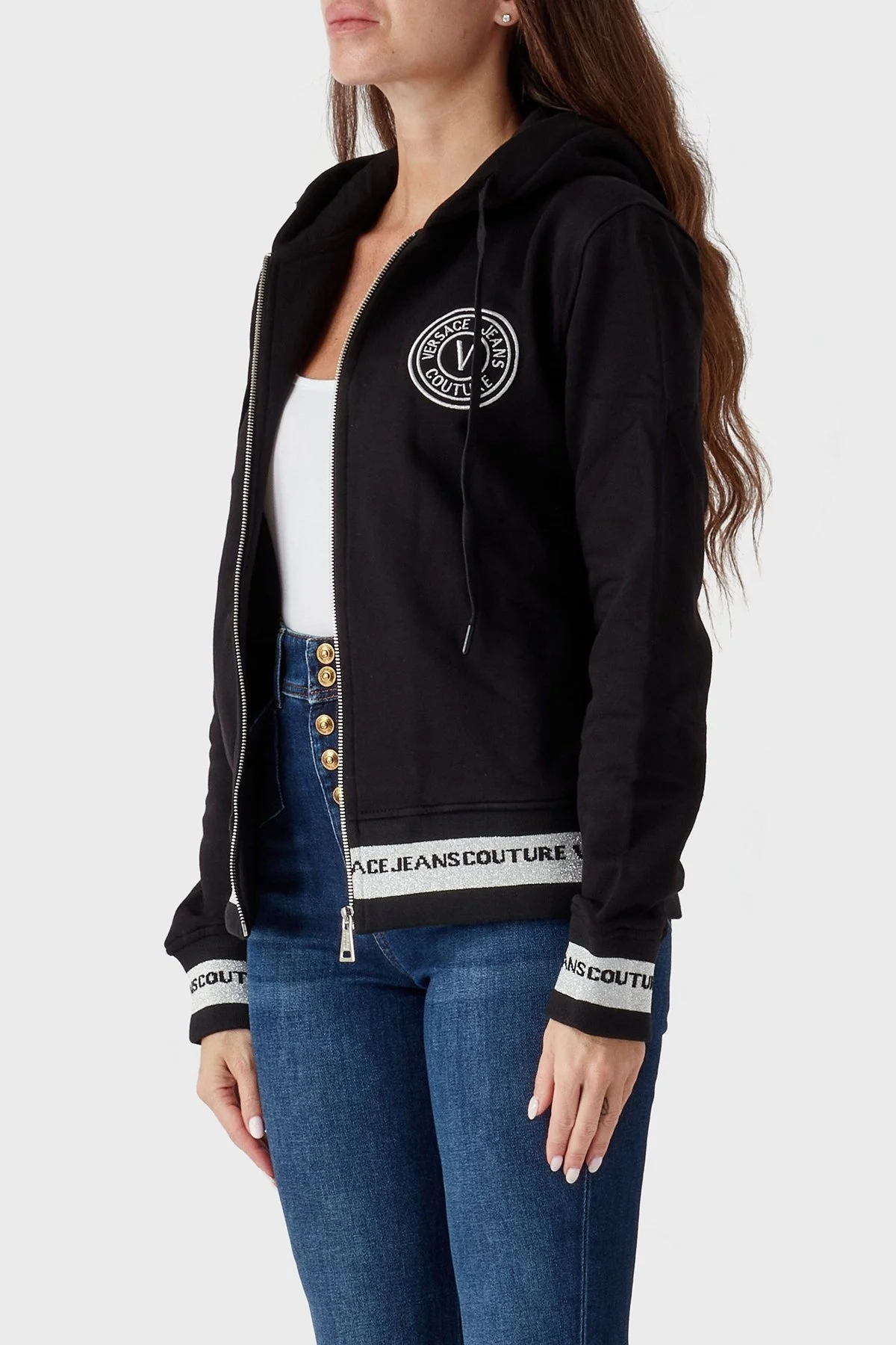 Versace Jeans Couture % 100 Pamuk Regular Fit Fermuarlı Kapüşonlu Bayan Sweat 73HAIT07 CF00T S89 SİYAH - 4