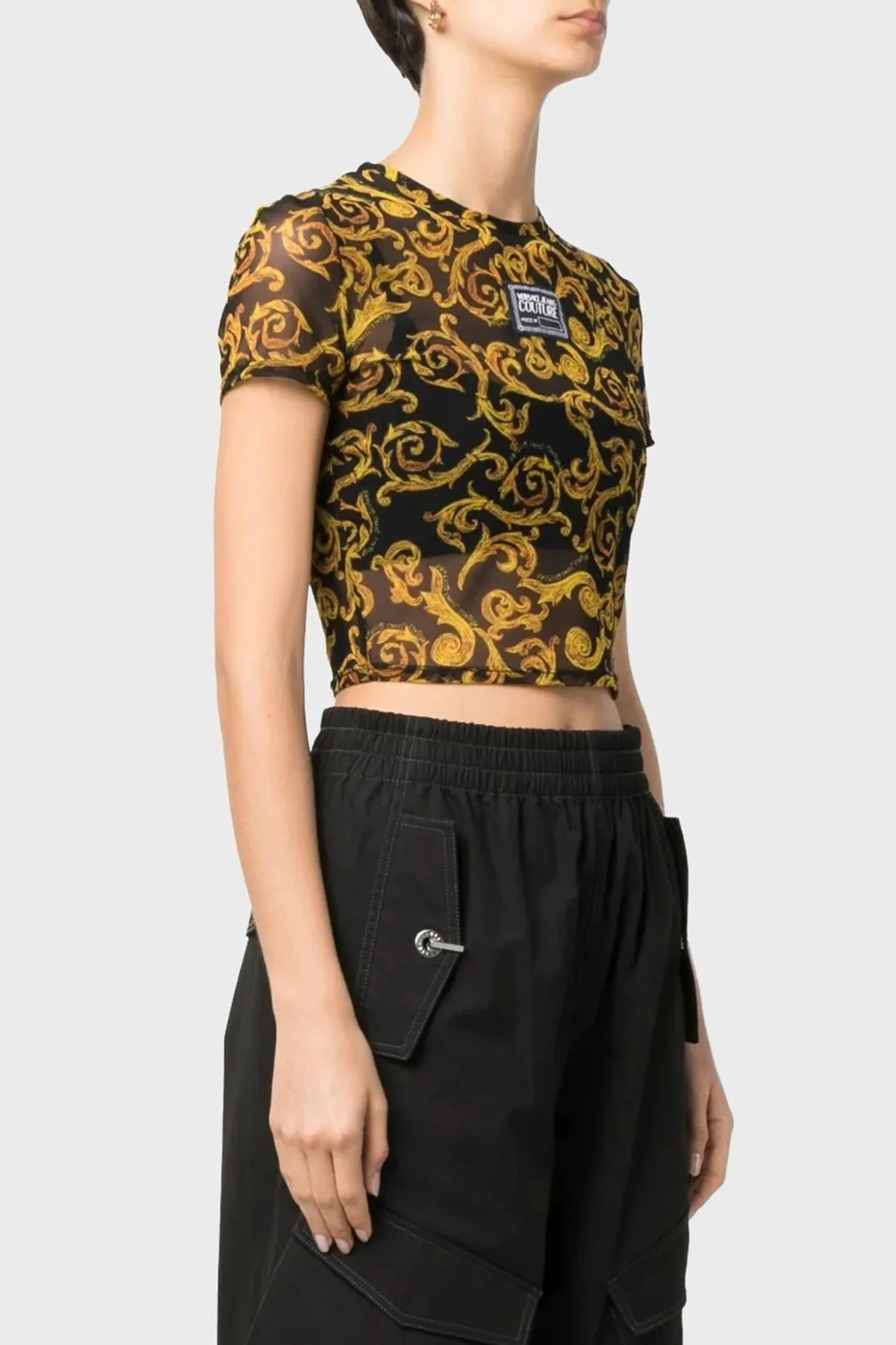 Versace Jeans Couture Barok Desenli Bisiklet Yaka Slim Fit Transparan Bayan T Shirt 74HAH602 JS157 G89 SİYAH - 1