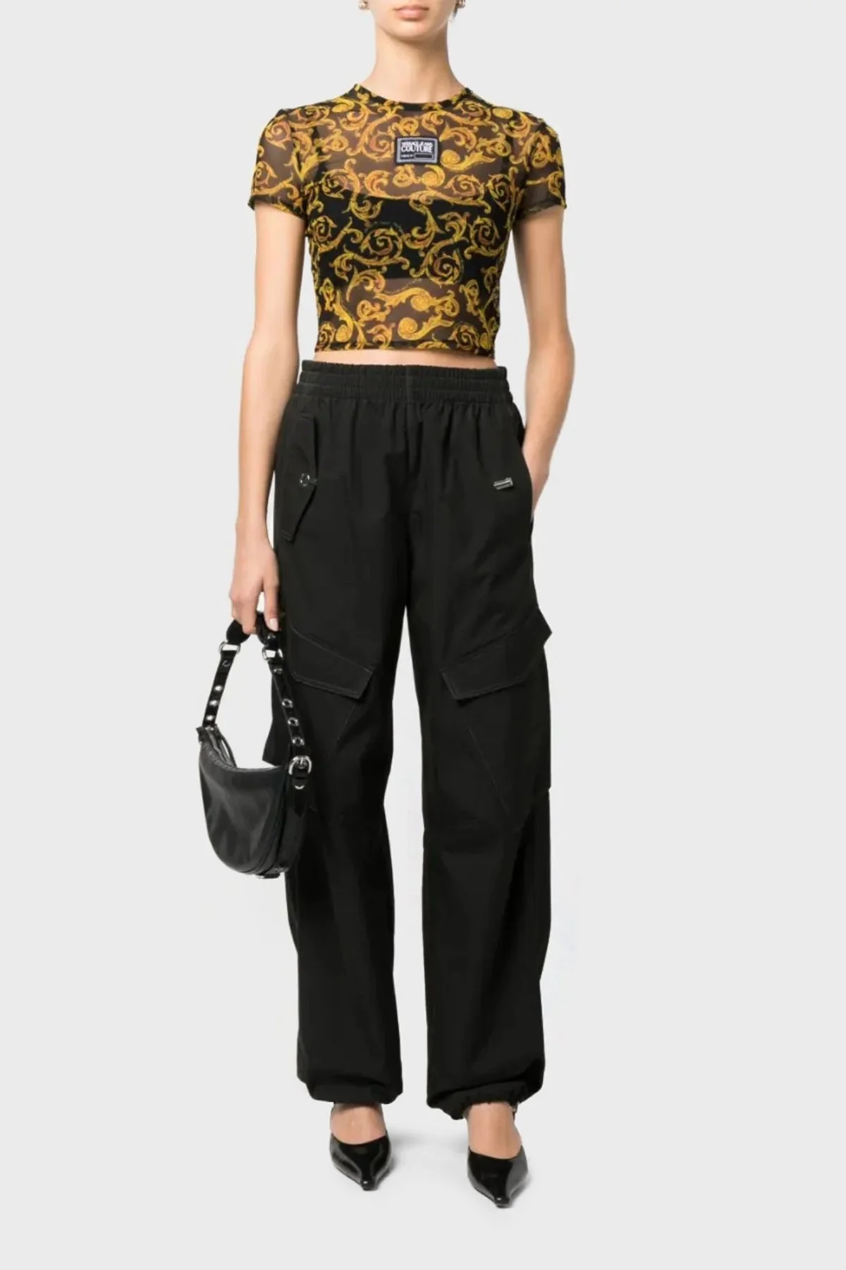 Versace Jeans Couture Barok Desenli Bisiklet Yaka Slim Fit Transparan Bayan T Shirt 74HAH602 JS157 G89 SİYAH - 2