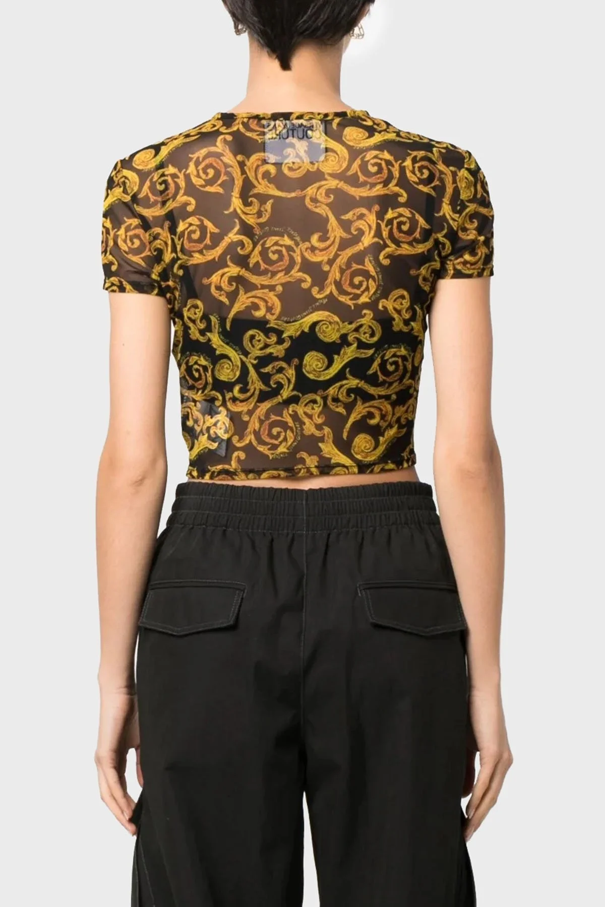 Versace Jeans Couture Barok Desenli Bisiklet Yaka Slim Fit Transparan Bayan T Shirt 74HAH602 JS157 G89 SİYAH - 3