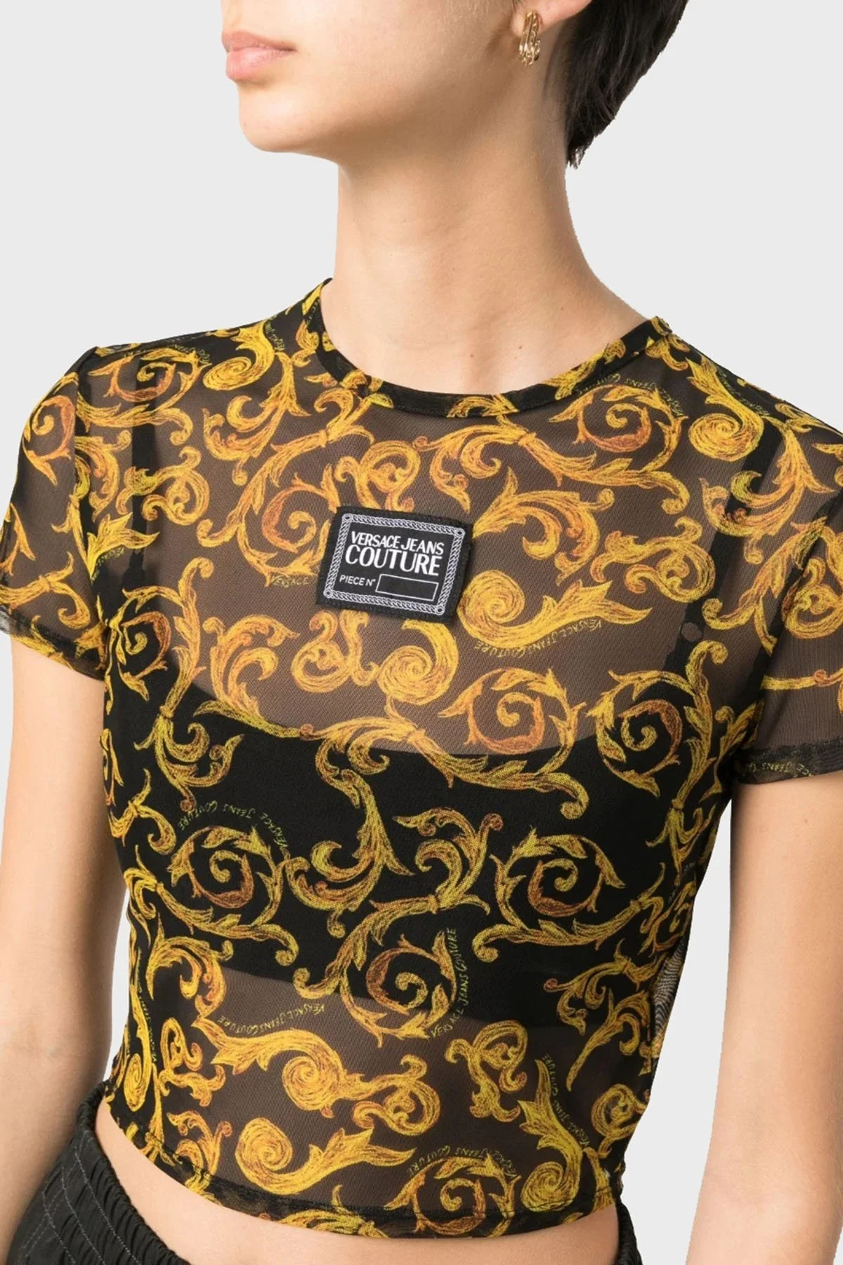 Versace Jeans Couture Barok Desenli Bisiklet Yaka Slim Fit Transparan Bayan T Shirt 74HAH602 JS157 G89 SİYAH - 4