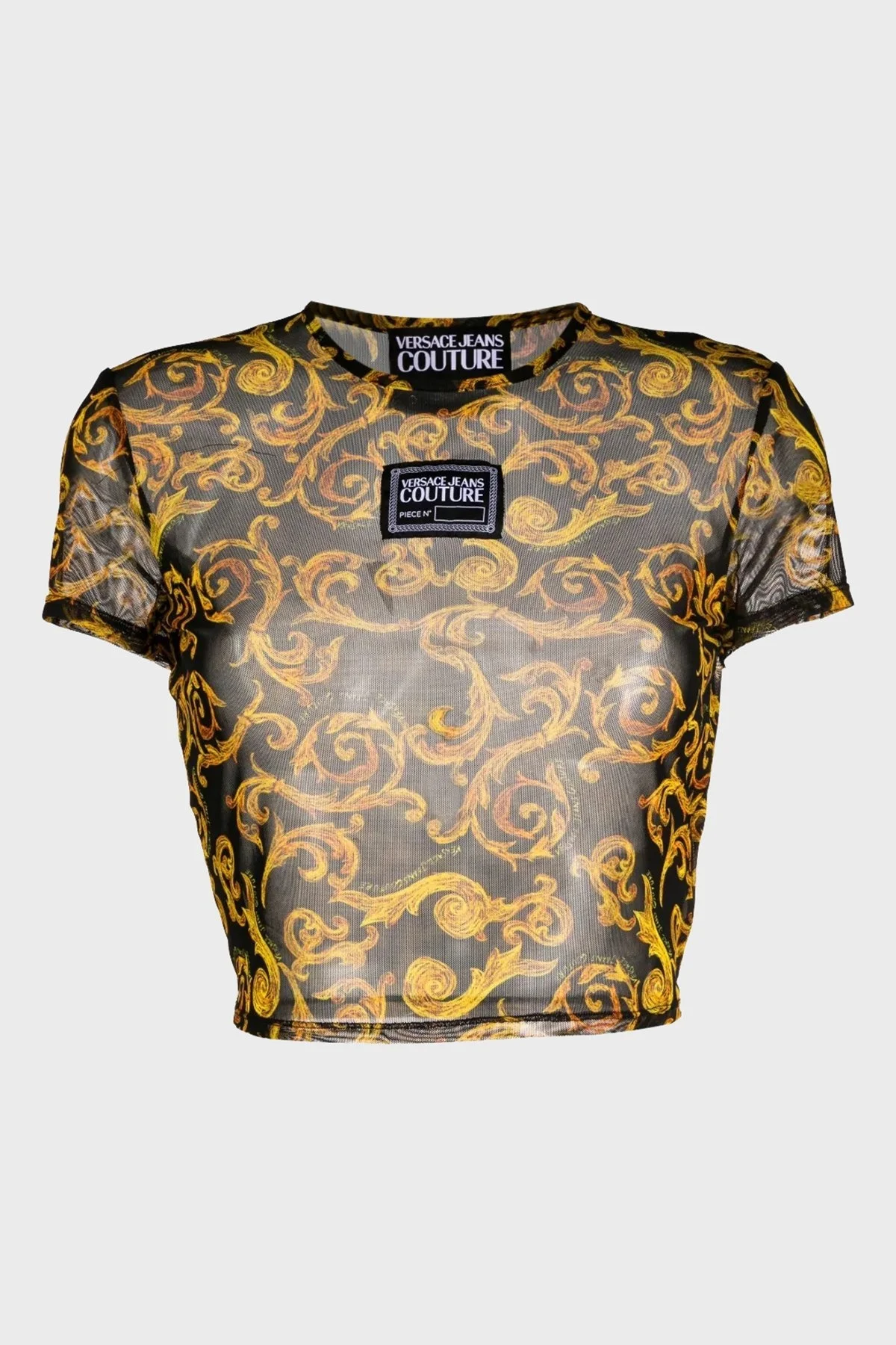 Versace Jeans Couture Barok Desenli Bisiklet Yaka Slim Fit Transparan Bayan T Shirt 74HAH602 JS157 G89 SİYAH - 5