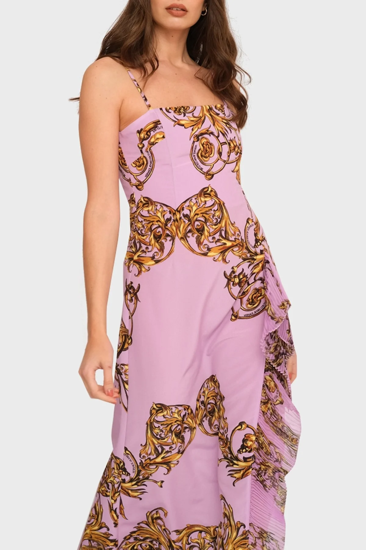 Versace Jeans Couture Barok Desenli İp Askılı Yırtmaçlı Uzun Bayan Elbise 72HAO921 NS062 G30 LİLA - 2