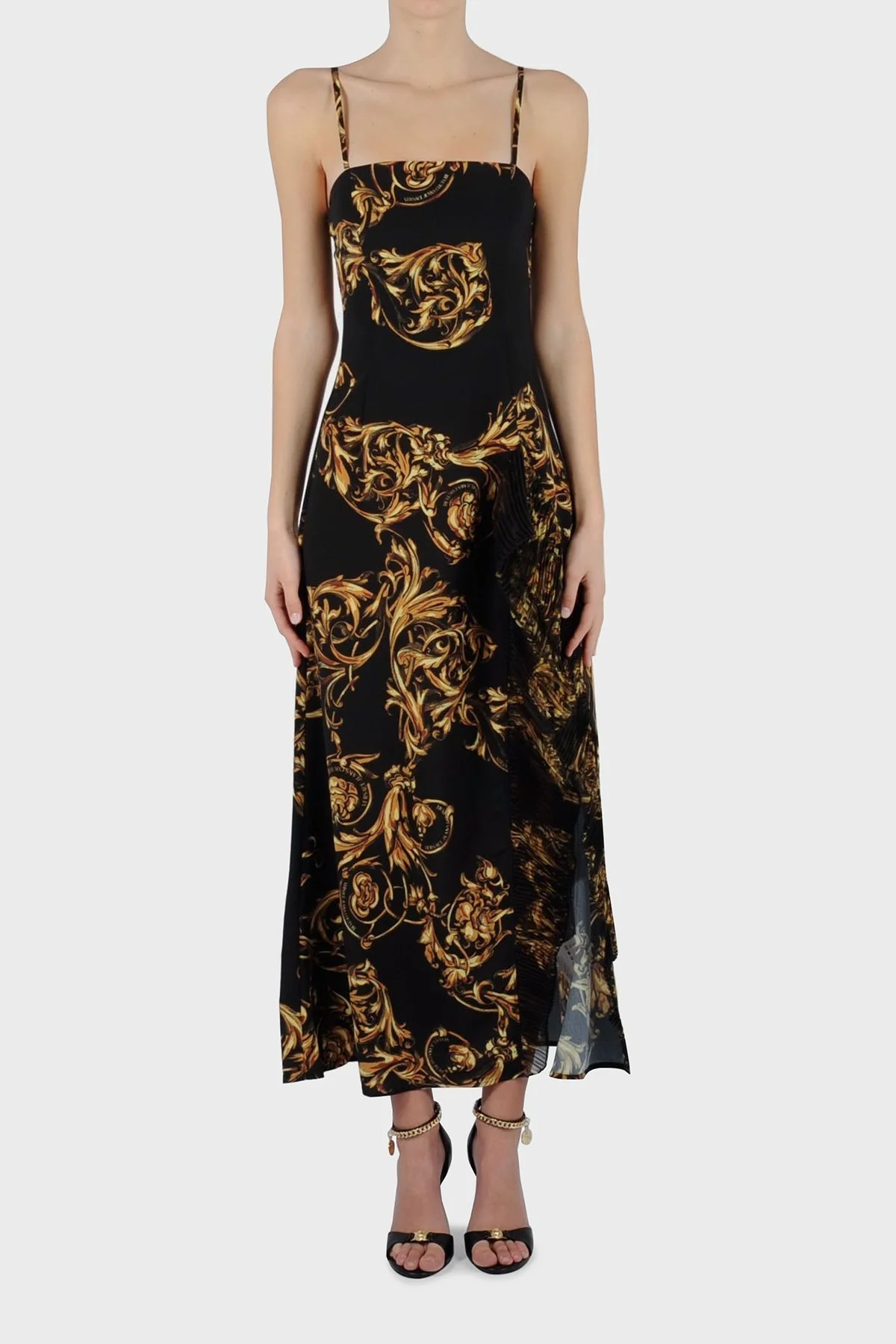 Versace Jeans Couture Barok Desenli İp Askılı Yırtmaçlı Uzun Bayan Elbise 72HAO921 NS062 G89 SİYAH - 1