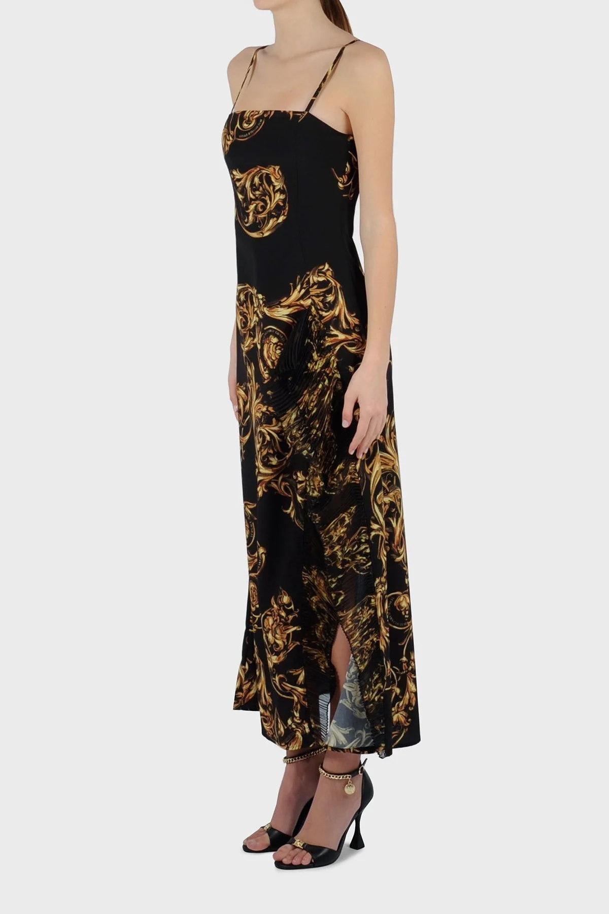 Versace Jeans Couture Barok Desenli İp Askılı Yırtmaçlı Uzun Bayan Elbise 72HAO921 NS062 G89 SİYAH - 2