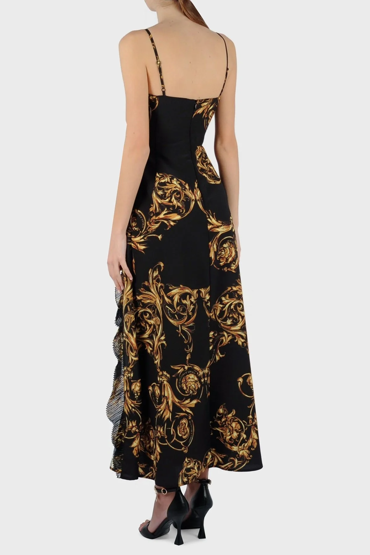 Versace Jeans Couture Barok Desenli İp Askılı Yırtmaçlı Uzun Bayan Elbise 72HAO921 NS062 G89 SİYAH - 3