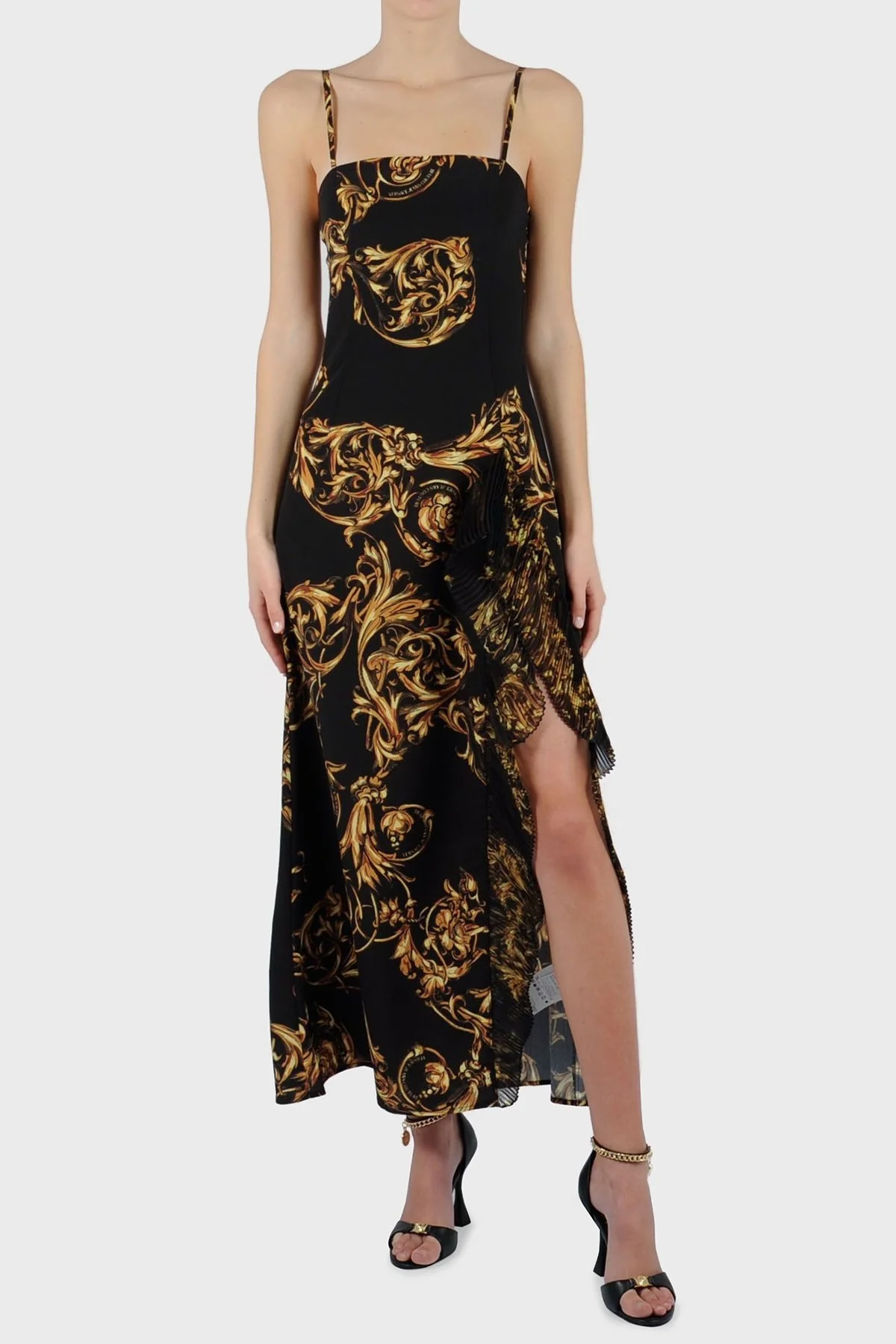 Versace Jeans Couture Barok Desenli İp Askılı Yırtmaçlı Uzun Bayan Elbise 72HAO921 NS062 G89 SİYAH - 4