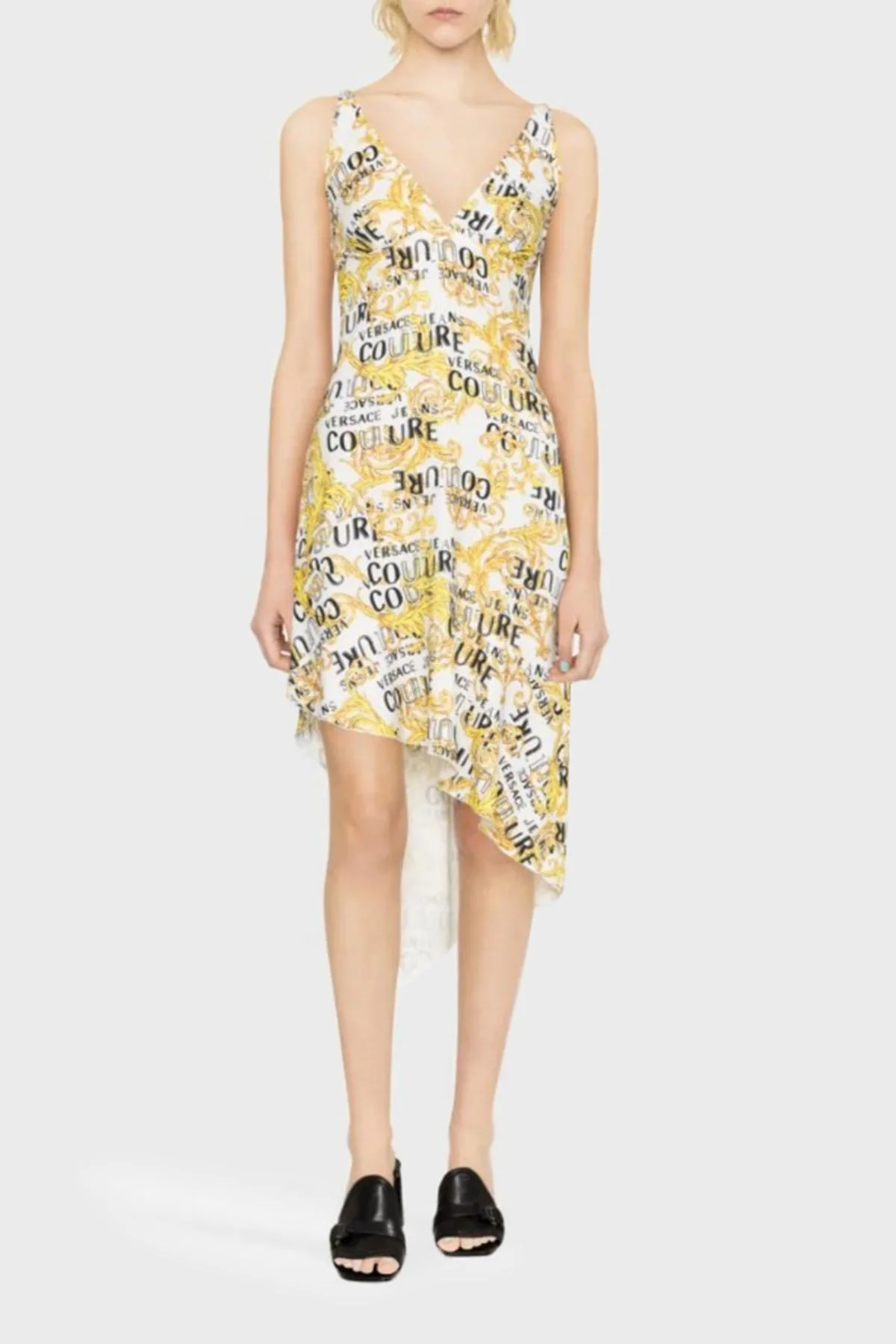 Versace Jeans Couture Barok Desenli V Yaka Asimetrik Bayan Elbise 74HAO912 NS228 G03 BEYAZ - 1