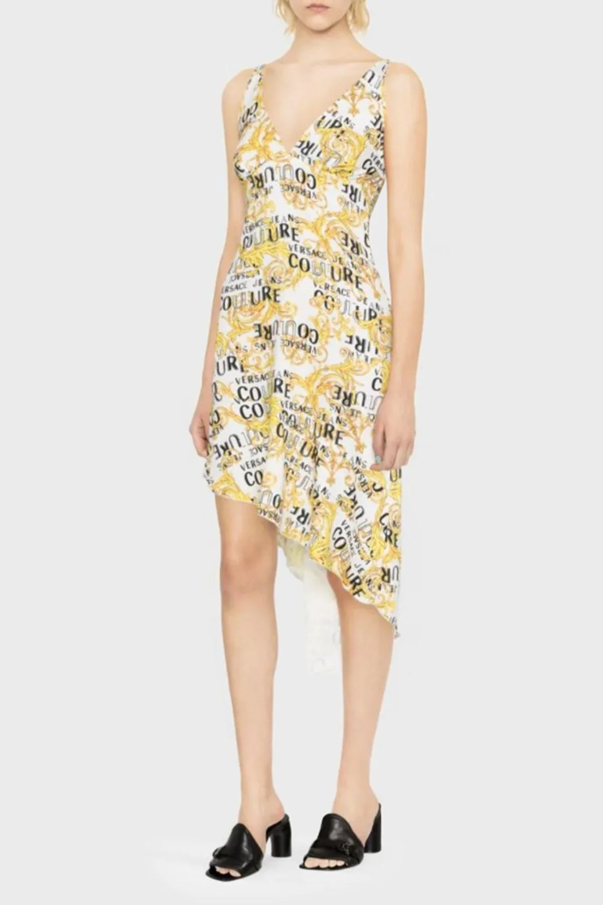 Versace Jeans Couture Barok Desenli V Yaka Asimetrik Bayan Elbise 74HAO912 NS228 G03 BEYAZ - 3