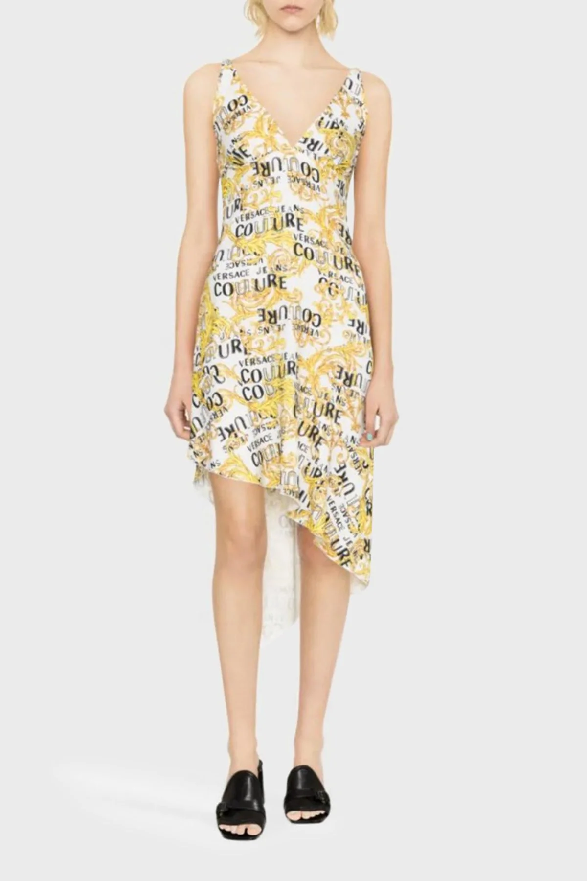 Versace Jeans Couture Barok Desenli V Yaka Asimetrik Kadın Elbise 74HAO912 NS228 G03 BEYAZ - 1