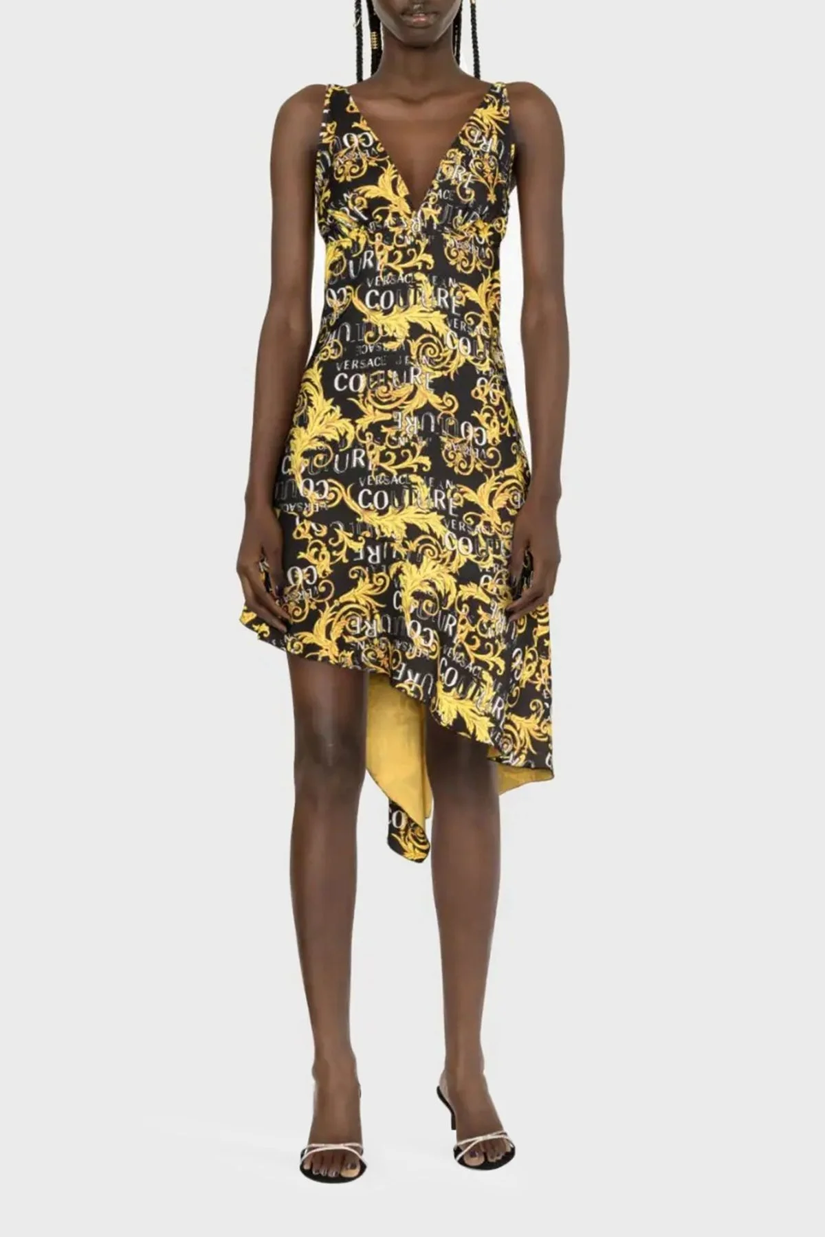 Versace Jeans Couture Barok Desenli V Yaka Asimetrik Bayan Elbise 74HAO912 NS228 G89 SİYAH - 1