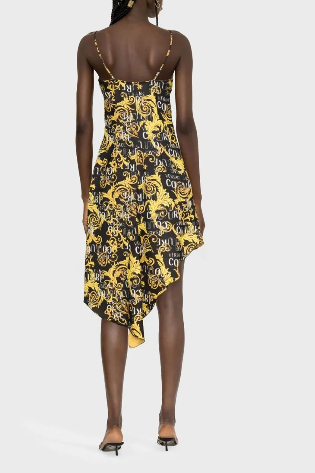 Versace Jeans Couture Barok Desenli V Yaka Asimetrik Bayan Elbise 74HAO912 NS228 G89 SİYAH - 2