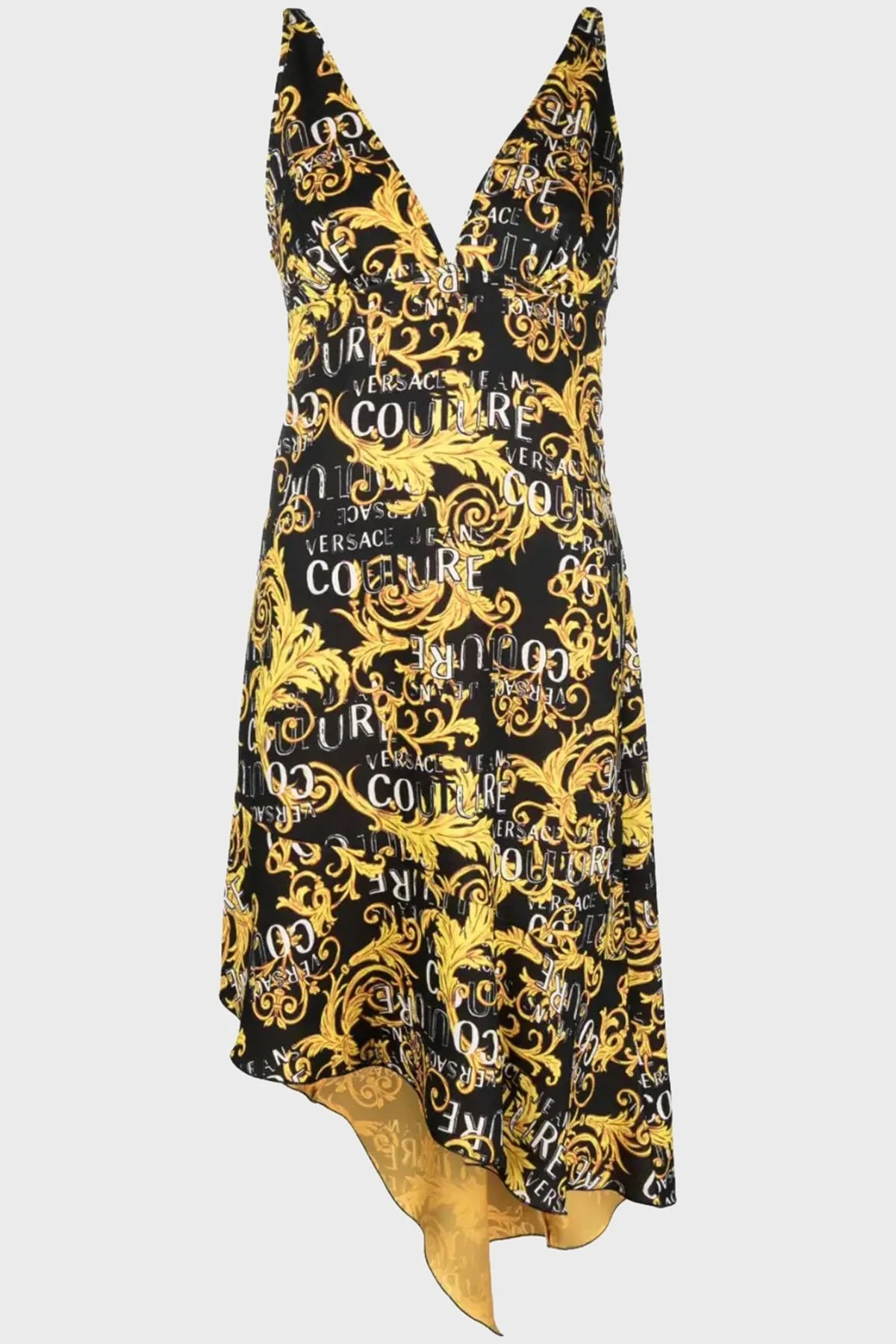 Versace Jeans Couture Barok Desenli V Yaka Asimetrik Bayan Elbise 74HAO912 NS228 G89 SİYAH - 4