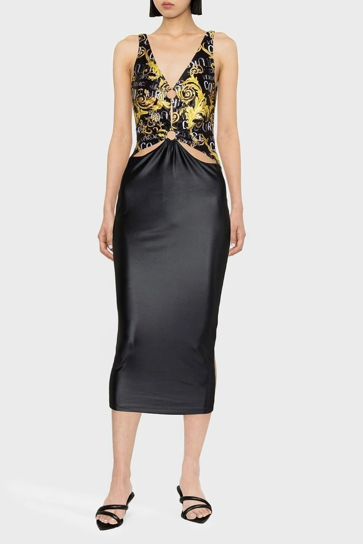 Versace Jeans Couture Barok Desenli V Yaka Midi Bayan Elbise 74HAO914 JS178 G89 SİYAH - 1