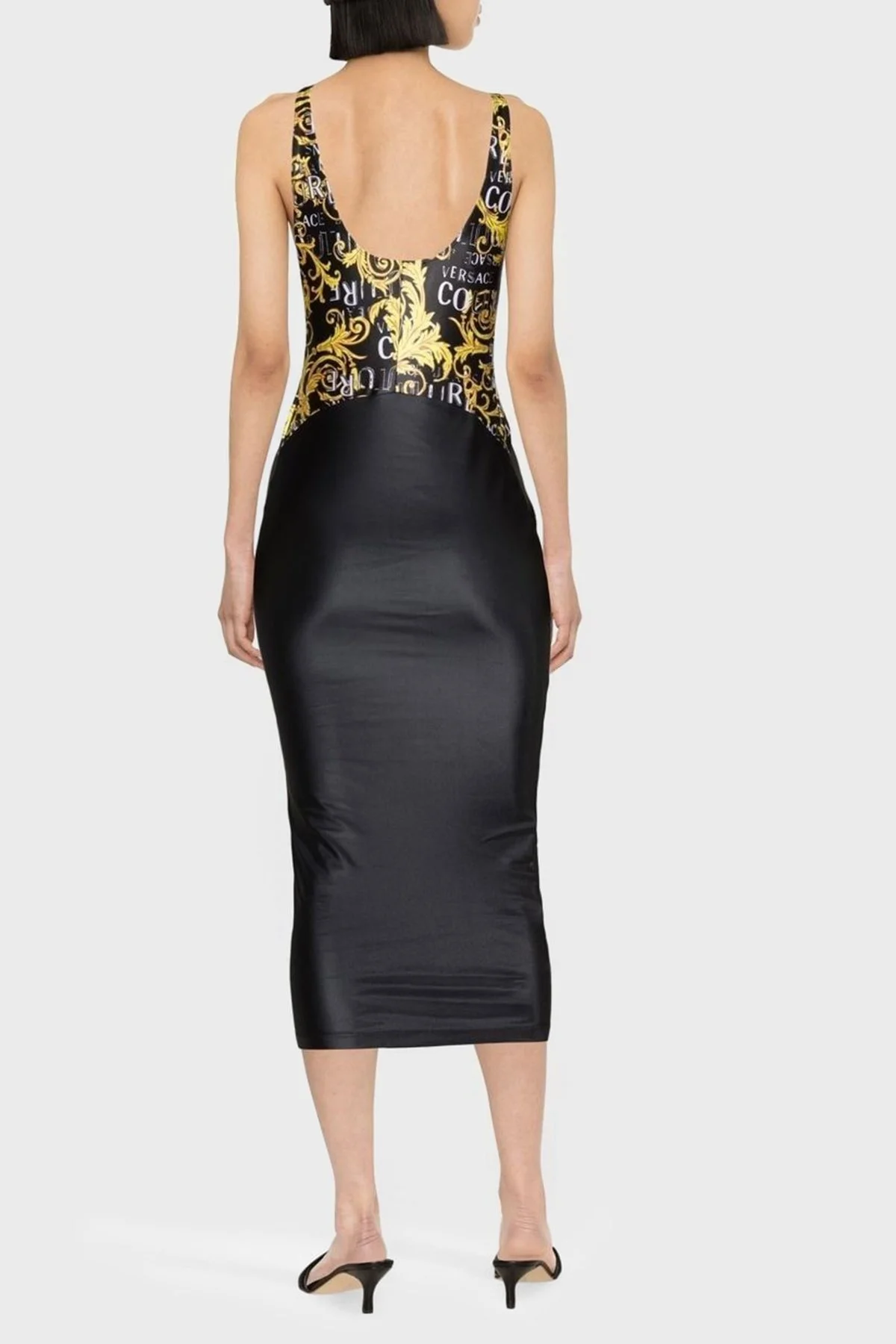 Versace Jeans Couture Barok Desenli V Yaka Midi Bayan Elbise 74HAO914 JS178 G89 SİYAH - 2