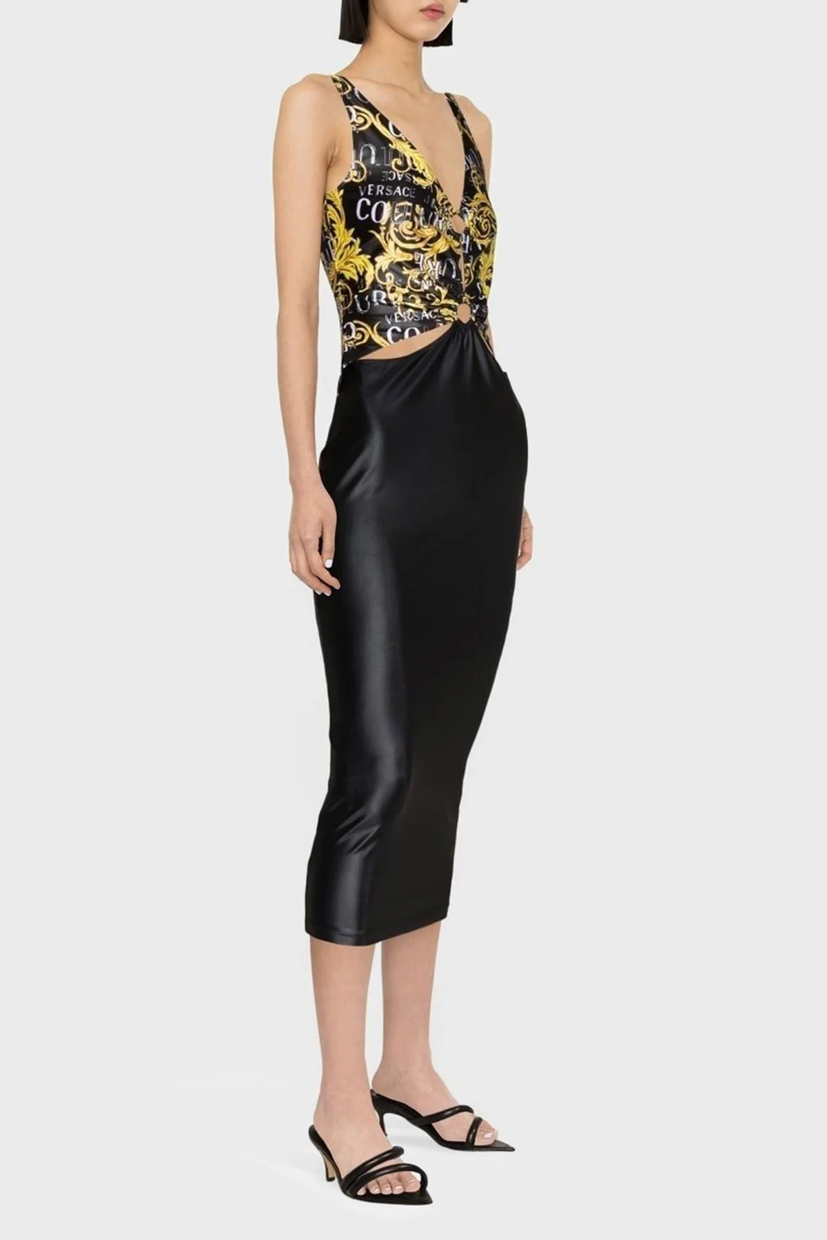 Versace Jeans Couture Barok Desenli V Yaka Midi Bayan Elbise 74HAO914 JS178 G89 SİYAH - 3