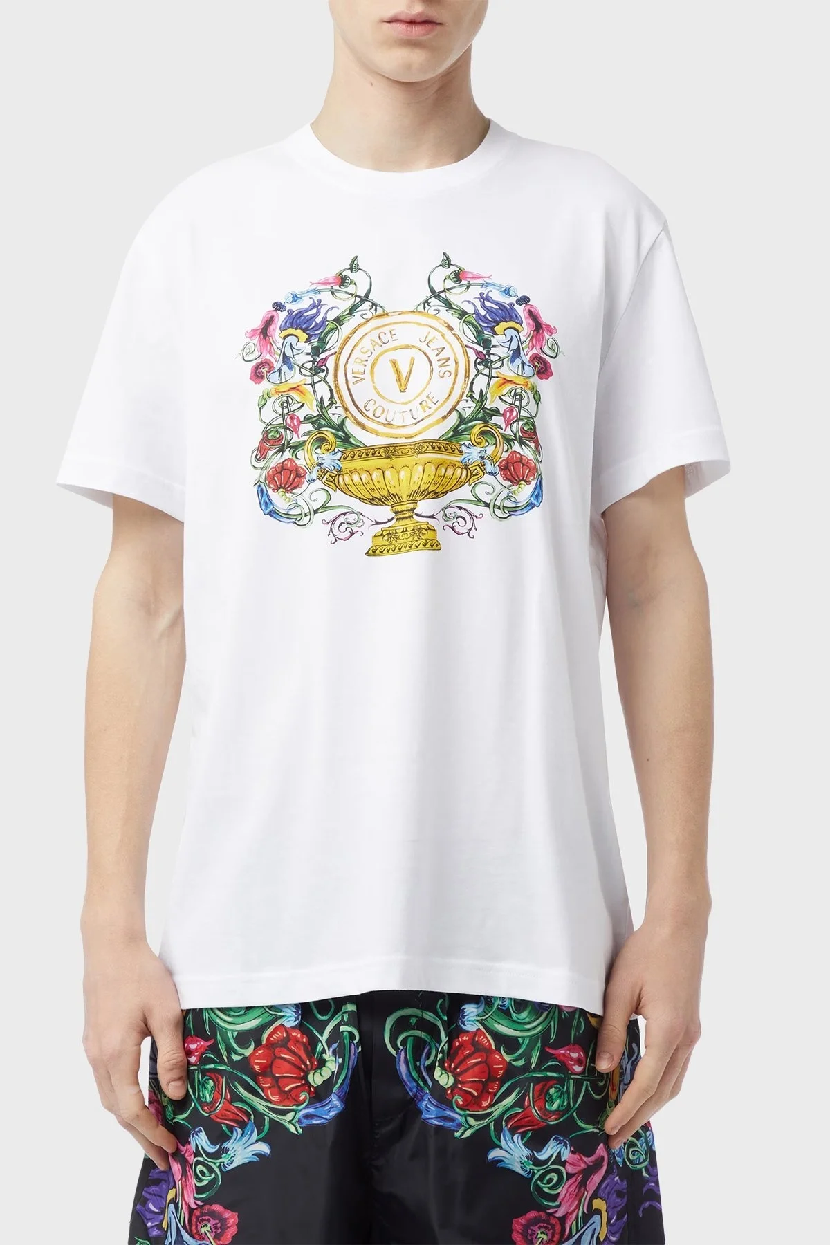 Versace Jeans Couture Baskılı Bisiklet Yaka % 100 Pamuk Regular Fit Erkek T Shirt 74GAHF01 CJ00F 003 BEYAZ - 1