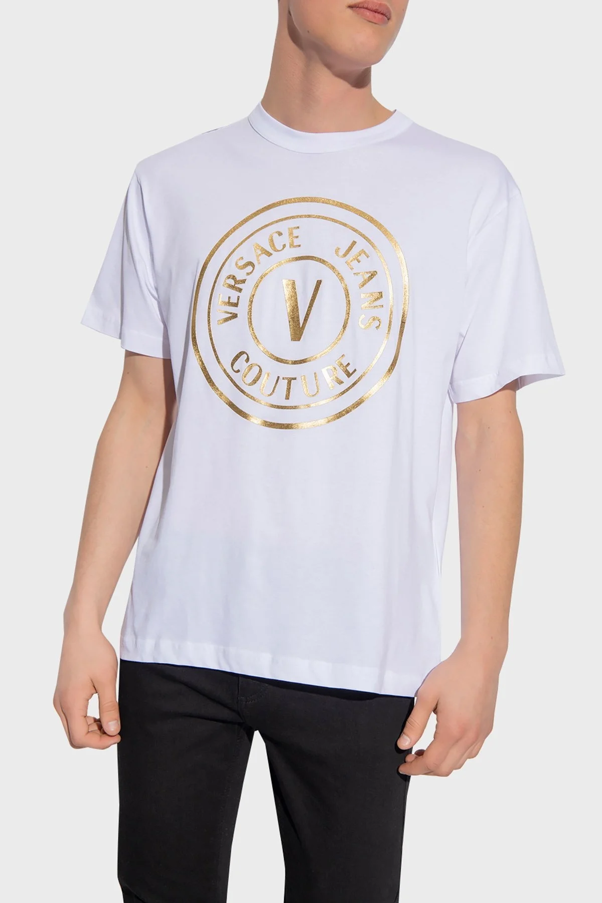 Versace Jeans Couture Baskılı Bisiklet Yaka % 100 Pamuk Regular Fit Erkek T Shirt 74GAHT05 CJ00T G03 BEYAZ - 1