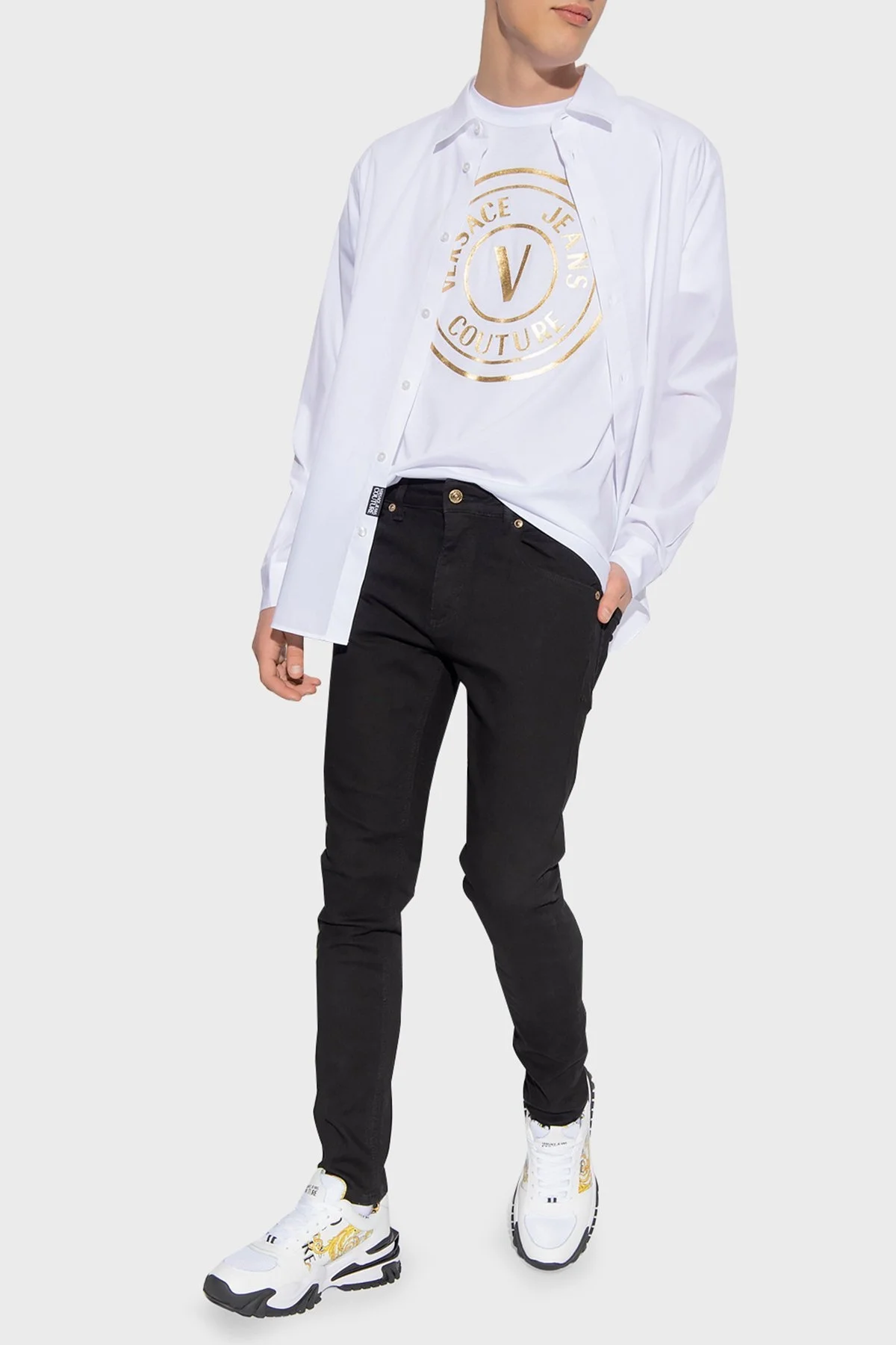 Versace Jeans Couture Baskılı Bisiklet Yaka % 100 Pamuk Regular Fit Erkek T Shirt 74GAHT05 CJ00T G03 BEYAZ - 4