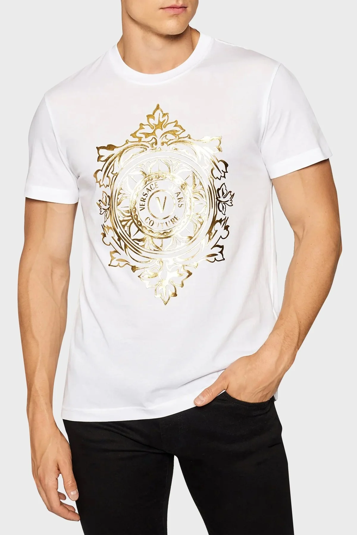 Versace Jeans Couture Baskılı Regular Fit Bisiklet Yaka Pamuklu Erkek T Shirt 71GAHF05 CJ00F G03 BEYAZ - 1