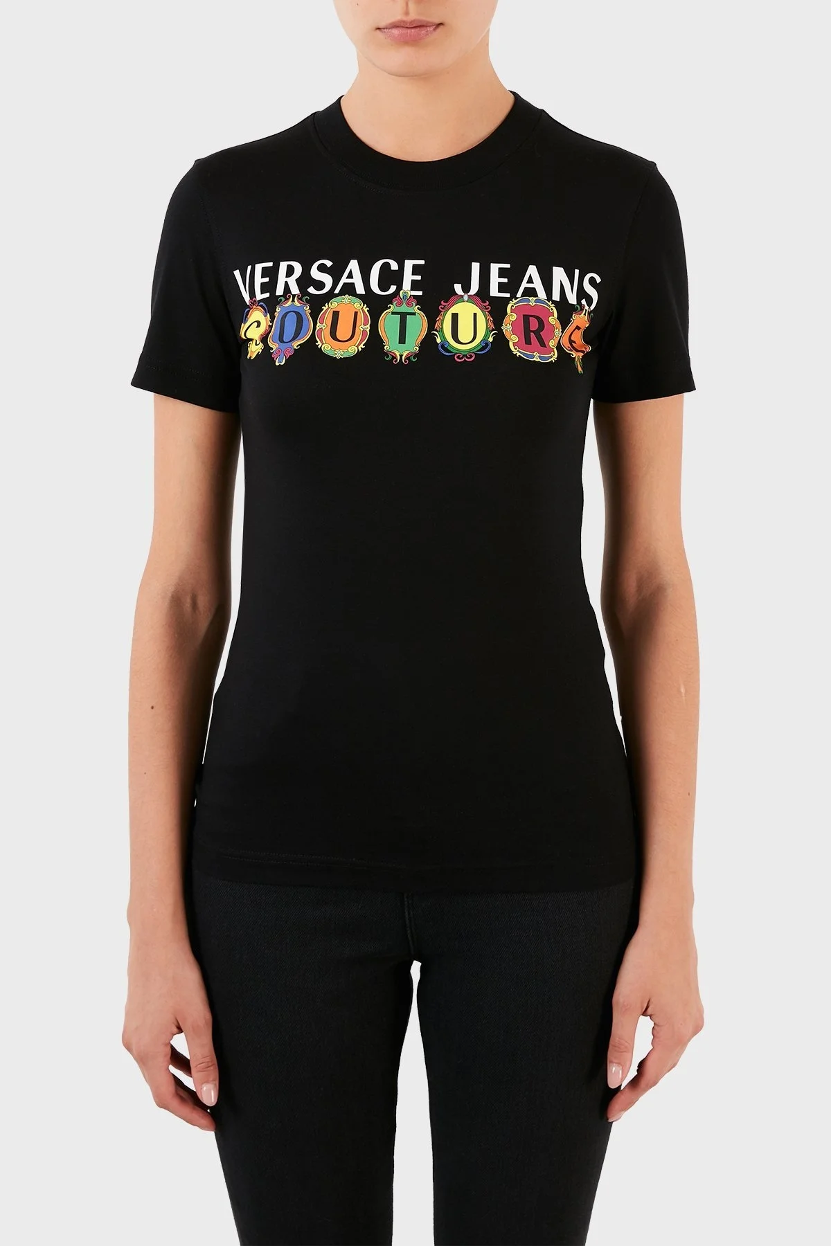 Versace Jeans Couture Logolu % 100 Pamuk Bisiklet Yaka Bayan T Shirt B2HWA7PA 30457 899 SİYAH - 1