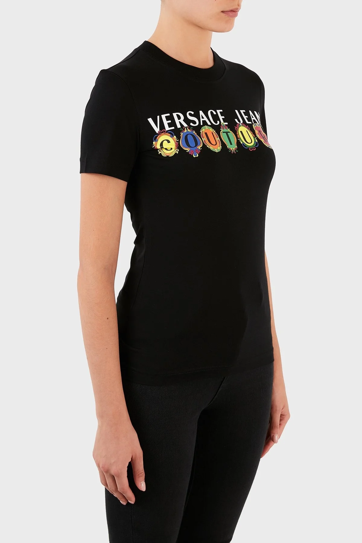 Versace Jeans Couture Logolu % 100 Pamuk Bisiklet Yaka Bayan T Shirt B2HWA7PA 30457 899 SİYAH - 4