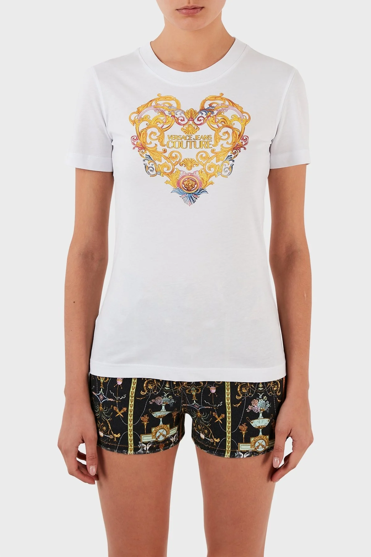 Versace Jeans Couture Desenli % 100 Pamuk Bisiklet Yaka Bayan T Shirt B2HWA7PD 30457 003 BEYAZ - 1