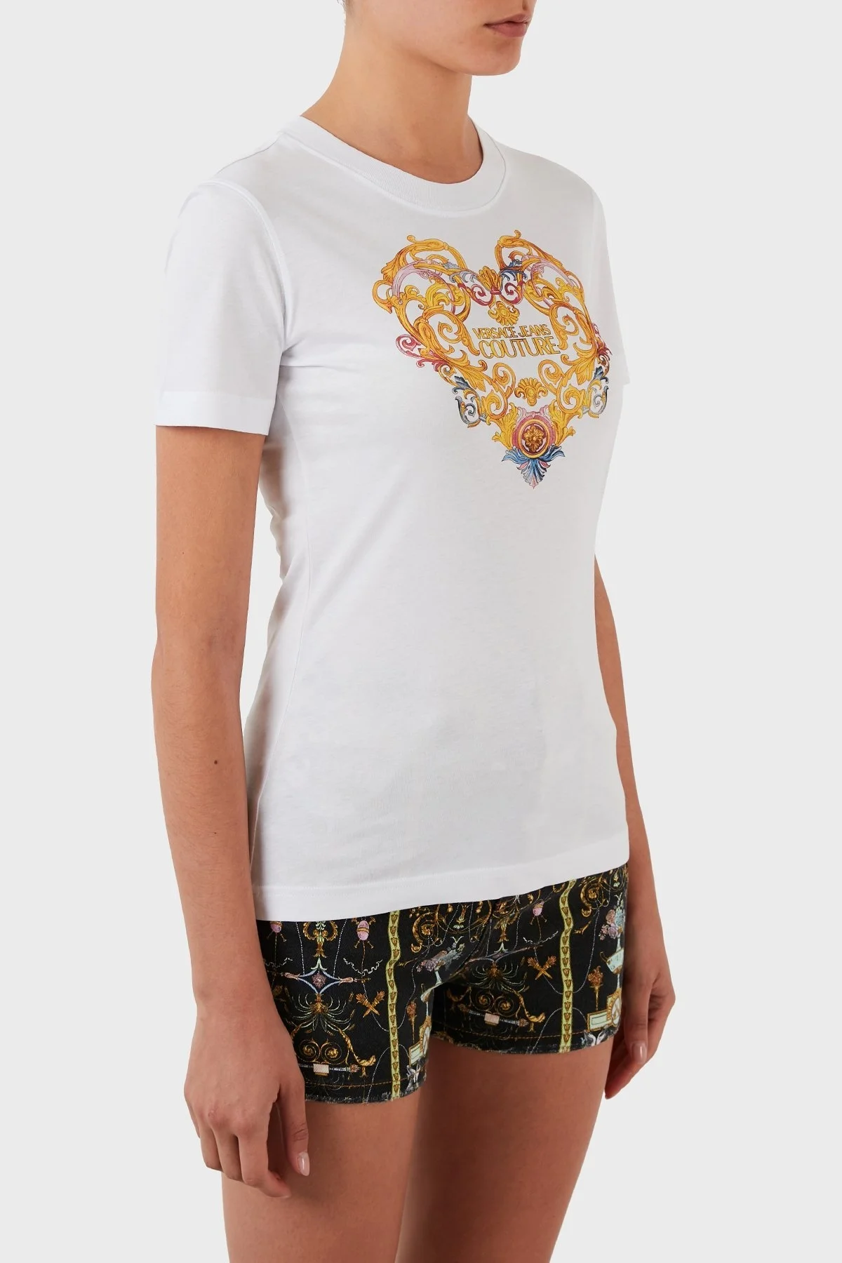 Versace Jeans Couture Desenli % 100 Pamuk Bisiklet Yaka Bayan T Shirt B2HWA7PD 30457 003 BEYAZ - 4