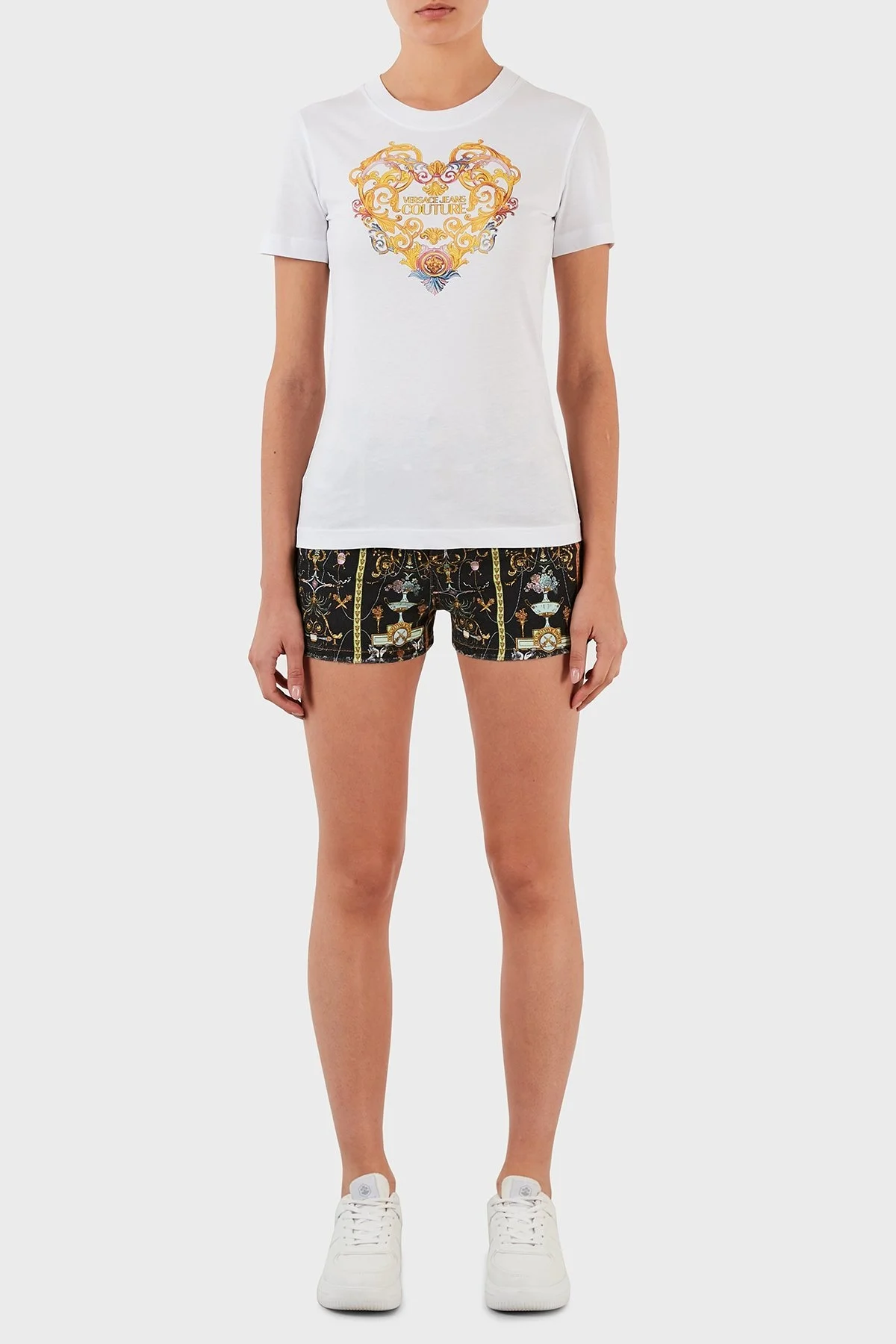 Versace Jeans Couture Desenli % 100 Pamuk Bisiklet Yaka Bayan T Shirt B2HWA7PD 30457 003 BEYAZ - 6