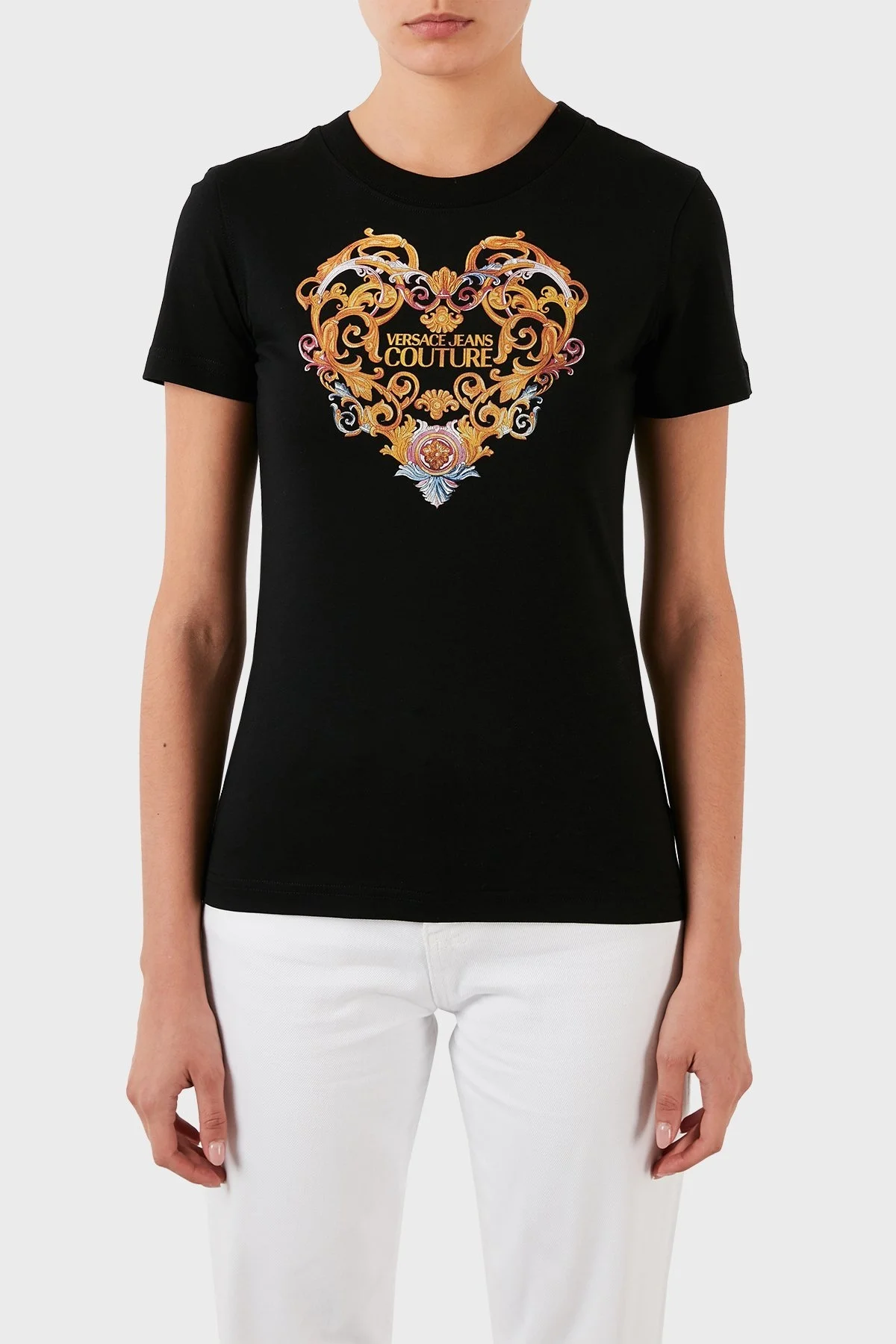 Versace Jeans Couture Desenli % 100 Pamuk Bisiklet Yaka Bayan T Shirt B2HWA7PD 30457 899 SİYAH - 1