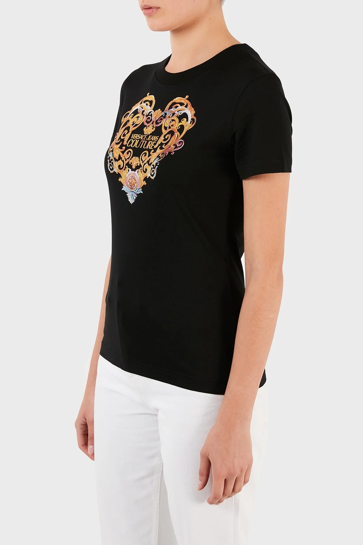 Versace Jeans Couture Desenli % 100 Pamuk Bisiklet Yaka Bayan T Shirt B2HWA7PD 30457 899 SİYAH - 3