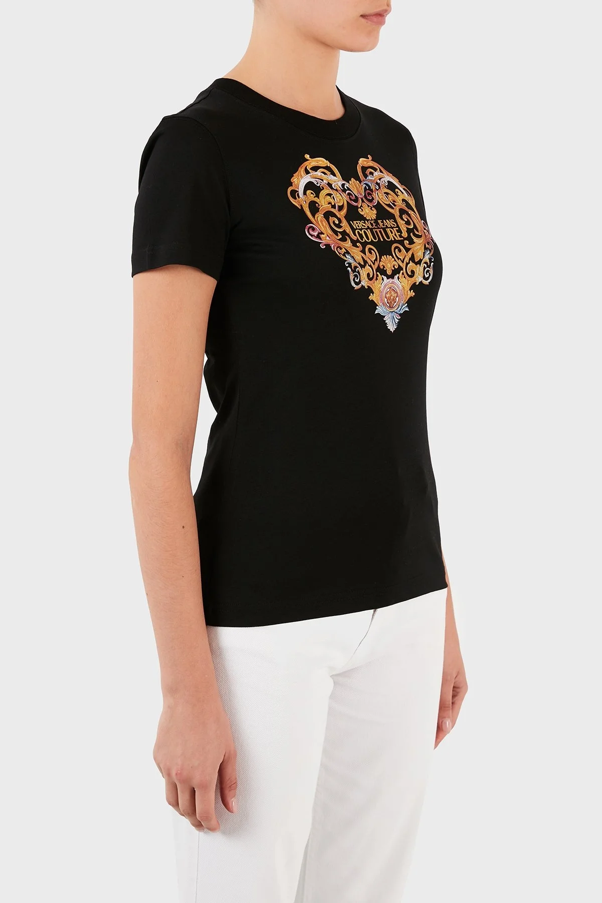 Versace Jeans Couture Desenli % 100 Pamuk Bisiklet Yaka Bayan T Shirt B2HWA7PD 30457 899 SİYAH - 4